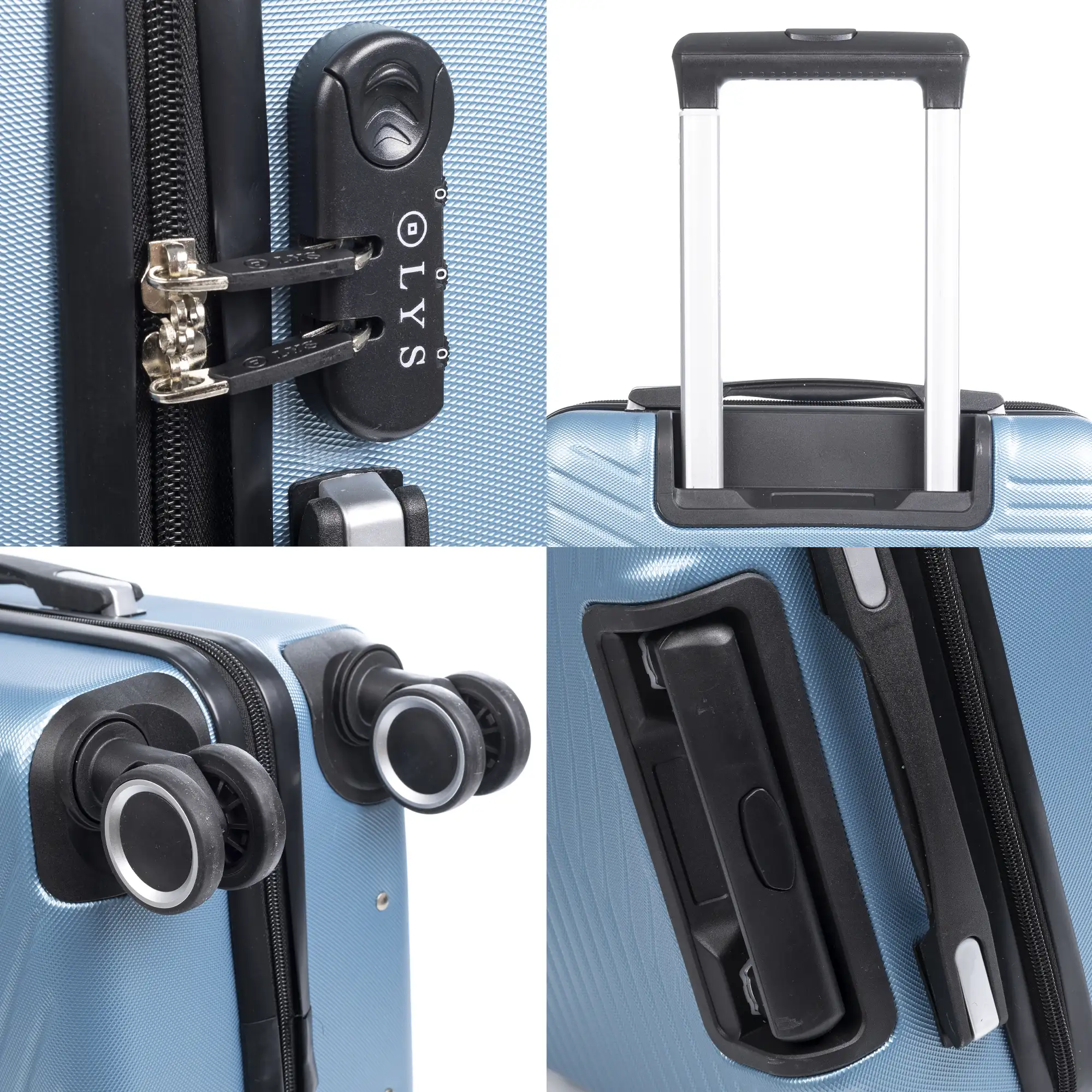Juego de 3 maletas Trolley en material ligero de ABS de alta resistencia. Cerradura numérica, 4 ruedas dobles giratorias 360°.