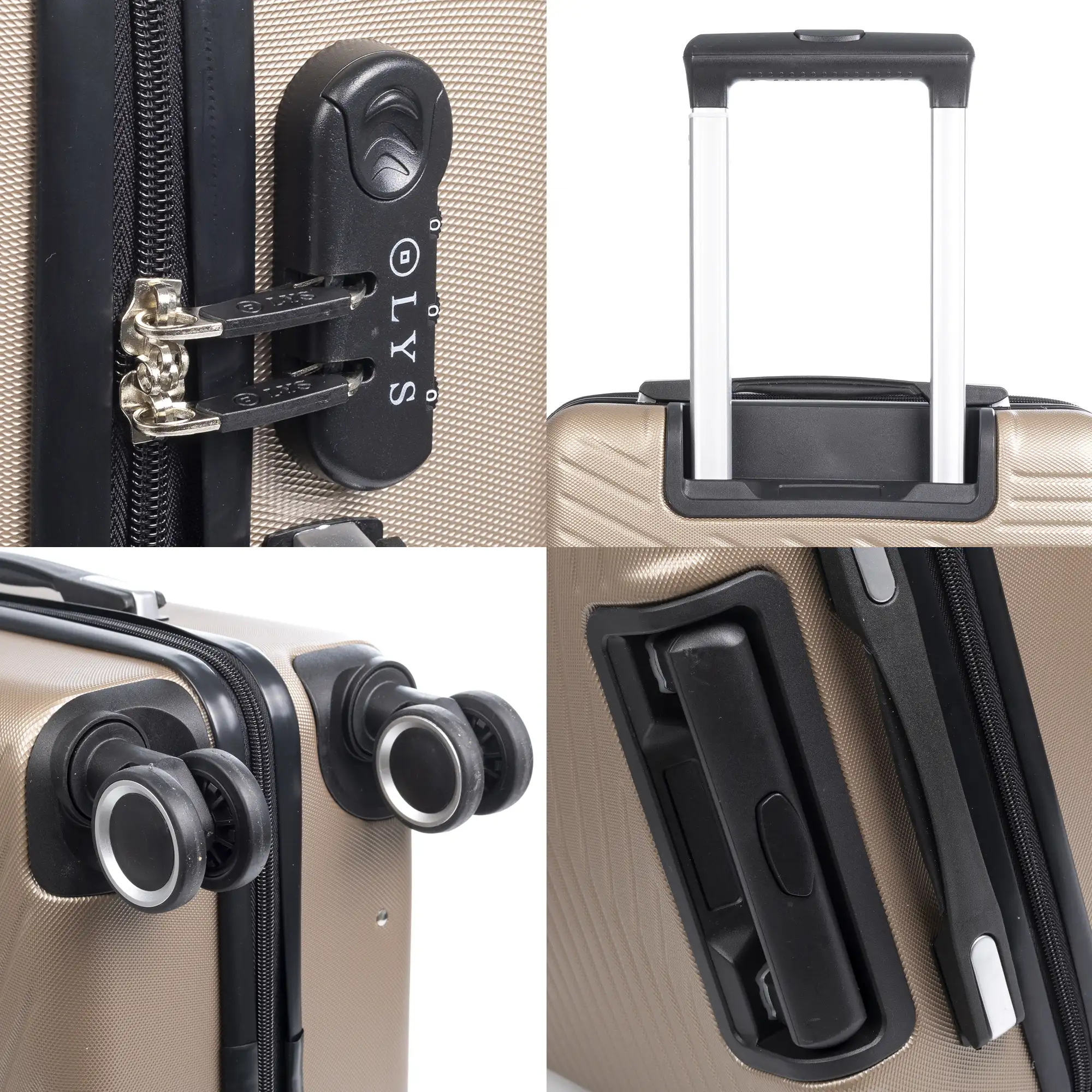 Juego de 3 maletas Trolley en material ligero de ABS de alta resistencia. Cerradura numérica, 4 ruedas dobles giratorias 360°.