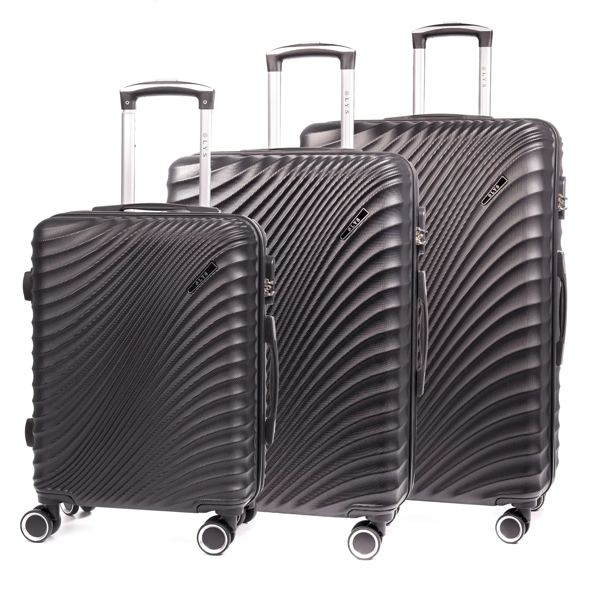 Juego de 3 maletas Trolley en material ligero de ABS de alta resistencia. Cerradura numérica, 4 ruedas dobles giratorias 360°.