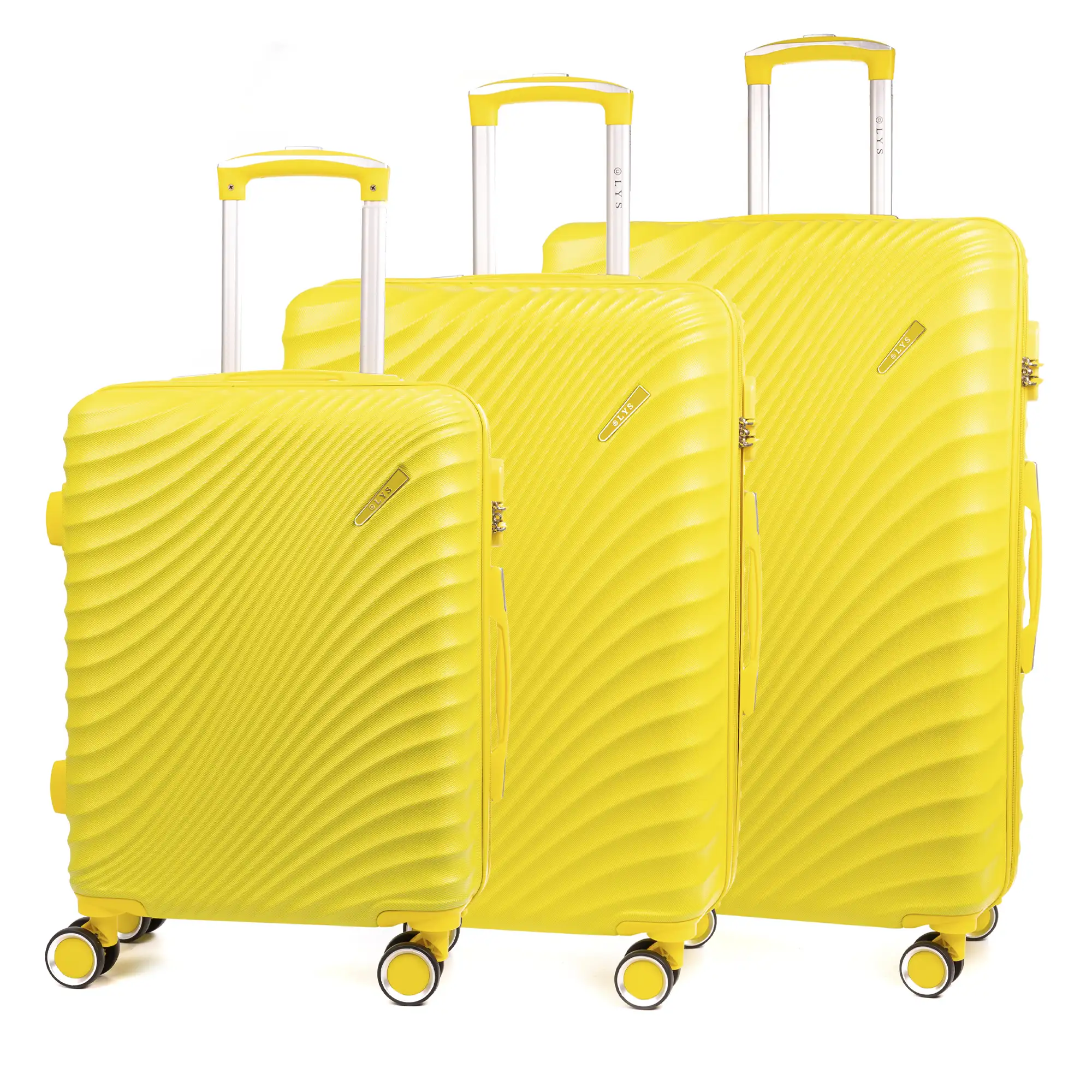 Juego de 3 maletas Trolley en material ligero de ABS de alta resistencia. Cerradura numérica, 4 ruedas dobles giratorias 360°.