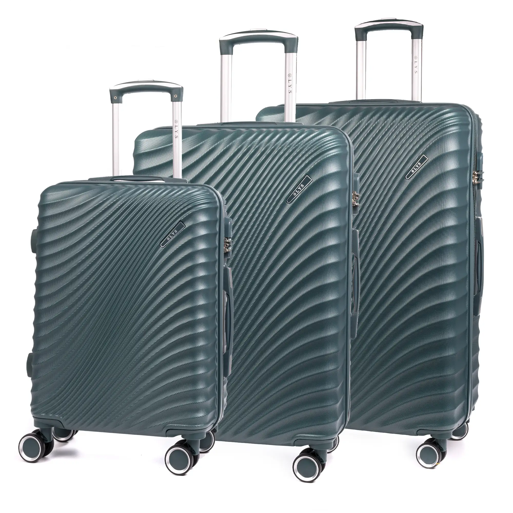 Juego de 3 maletas Trolley en material ligero de ABS de alta resistencia. Cerradura numérica, 4 ruedas dobles giratorias 360°.
