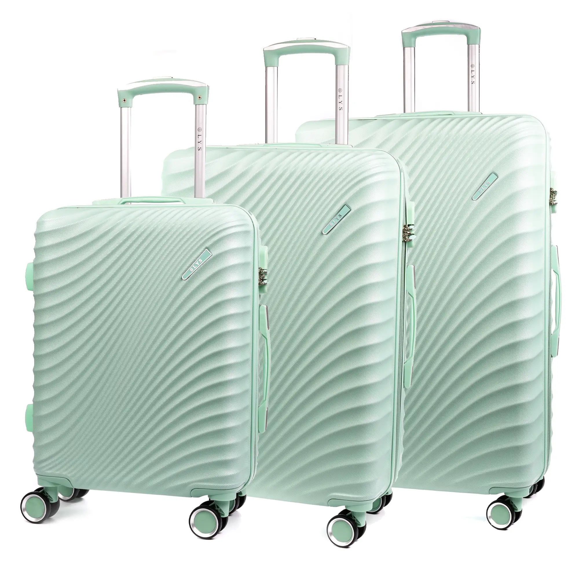 Juego de 3 maletas Trolley en material ligero de ABS de alta resistencia. Cerradura numérica, 4 ruedas dobles giratorias 360°.