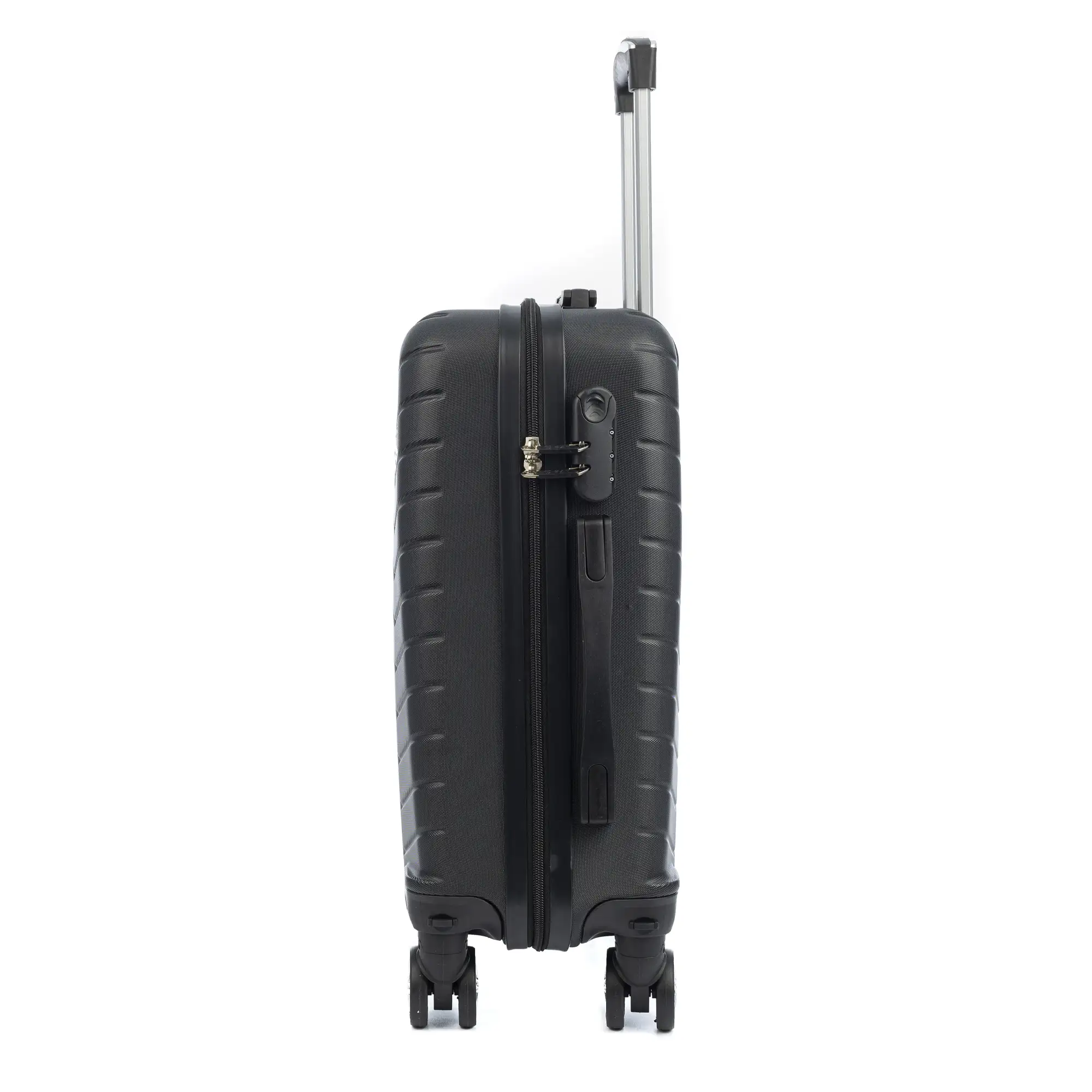 Maleta de cabina Trolley en material ligero de ABS de alta resistencia. Cerradura numérica, 4 ruedas dobles extraíbles y giratorias 360°. 55x38x20 cm.