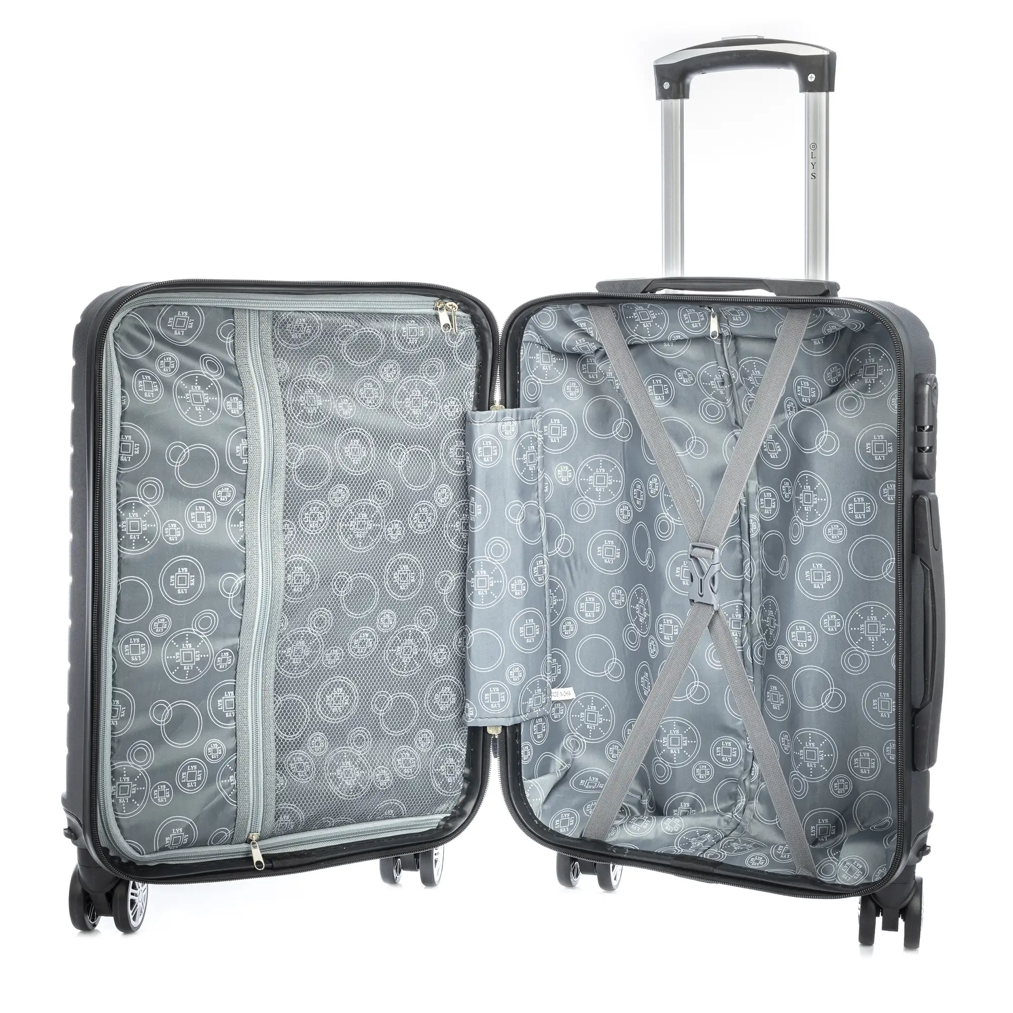 Maleta de cabina Trolley en material ligero de ABS de alta resistencia. Cerradura numérica, 4 ruedas dobles extraíbles y giratorias 360°. 55x38x20 cm.