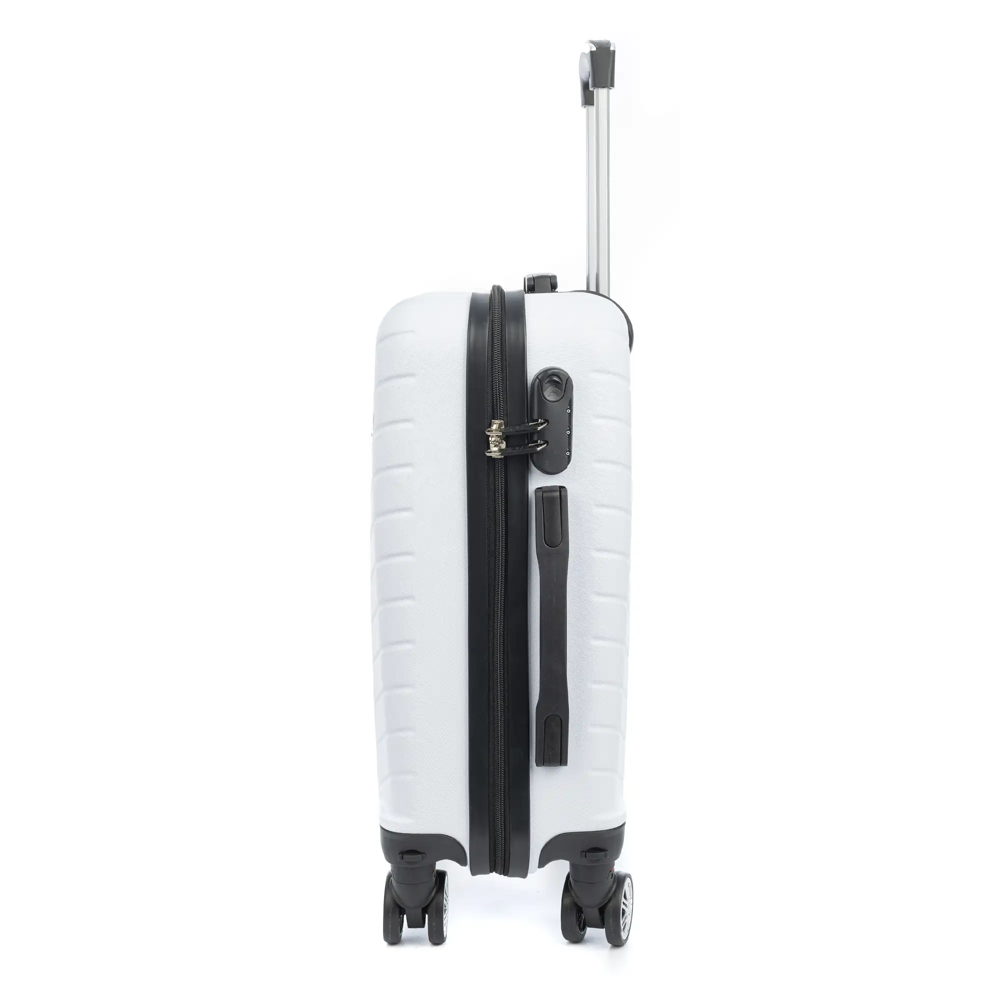 Maleta de cabina Trolley en material ligero de ABS de alta resistencia. Cerradura numérica, 4 ruedas dobles extraíbles y giratorias 360°. 55x38x20 cm.