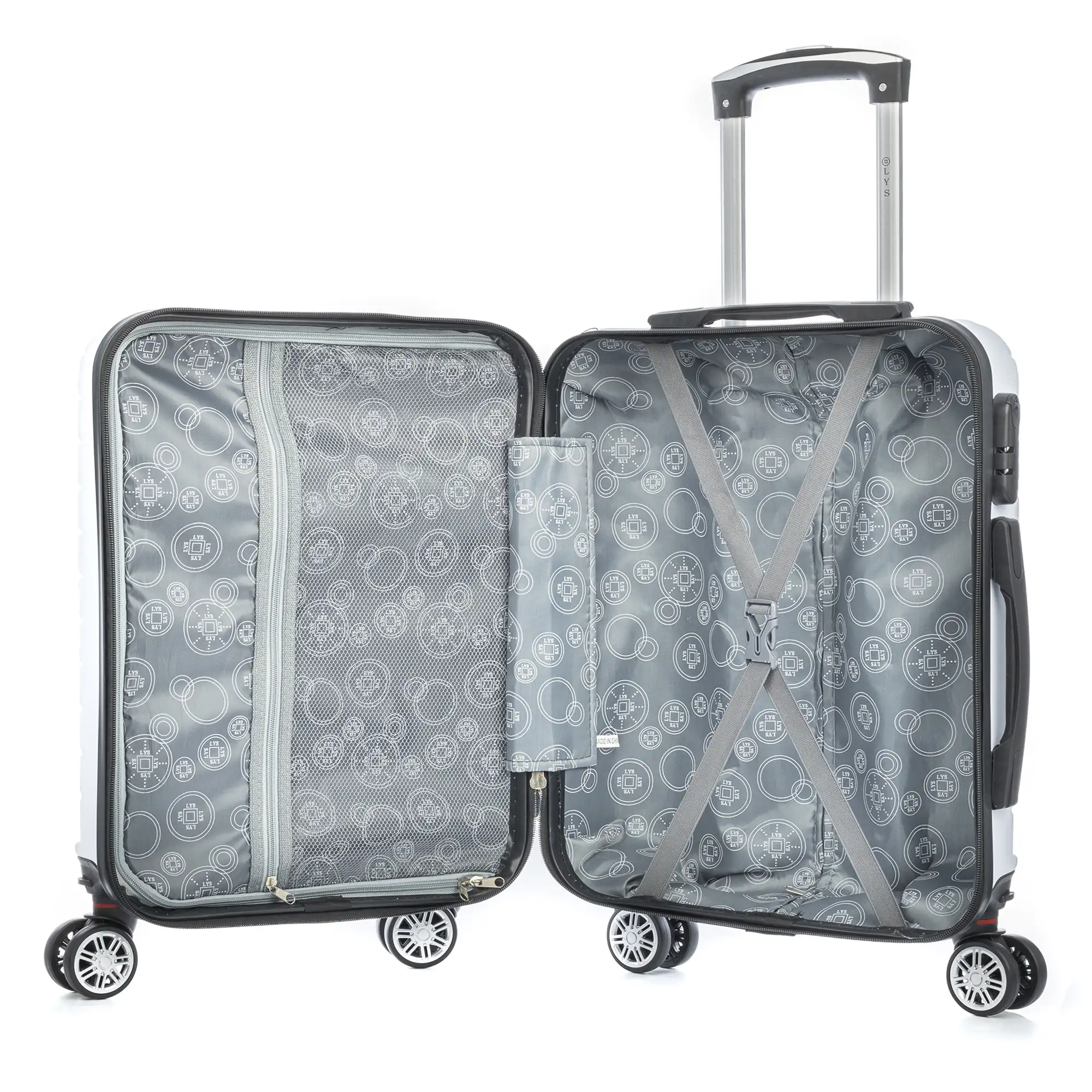 Maleta de cabina Trolley en material ligero de ABS de alta resistencia. Cerradura numérica, 4 ruedas dobles extraíbles y giratorias 360°. 55x38x20 cm.