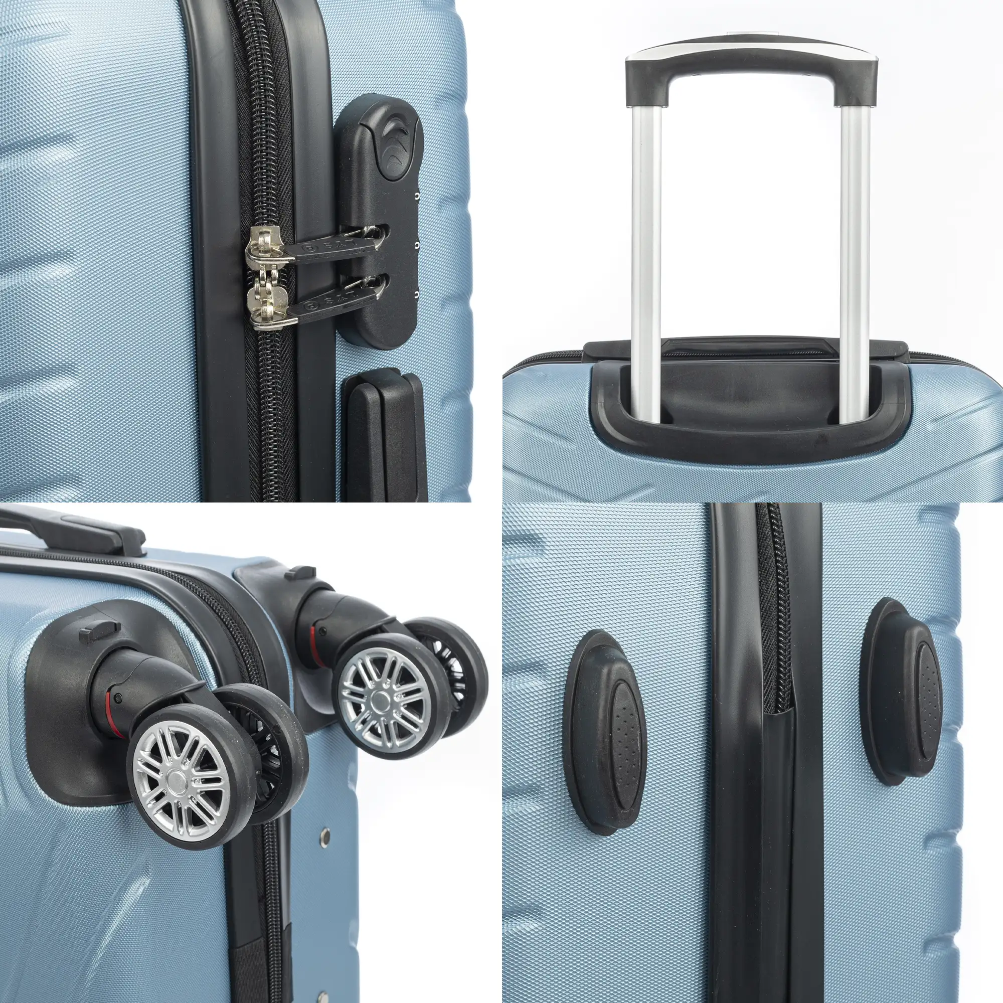 Maleta de cabina Trolley en material ligero de ABS de alta resistencia. Cerradura numérica, 4 ruedas dobles extraíbles y giratorias 360°. 55x38x20 cm.
