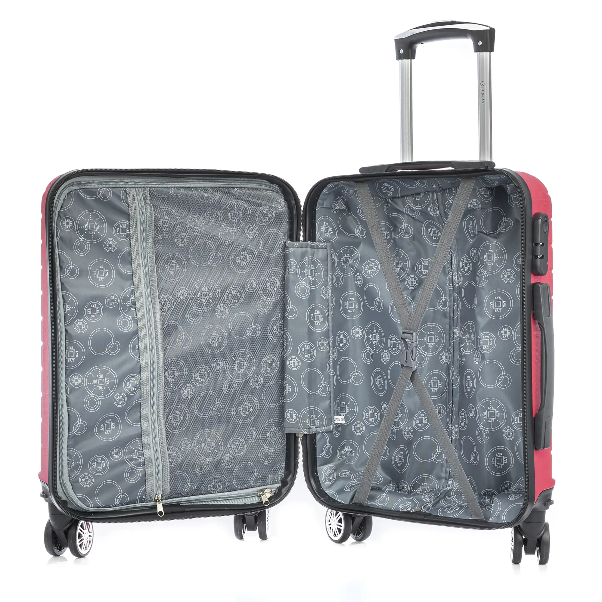 Maleta de cabina Trolley en material ligero de ABS de alta resistencia. Cerradura numérica, 4 ruedas dobles extraíbles y giratorias 360°. 55x38x20 cm.