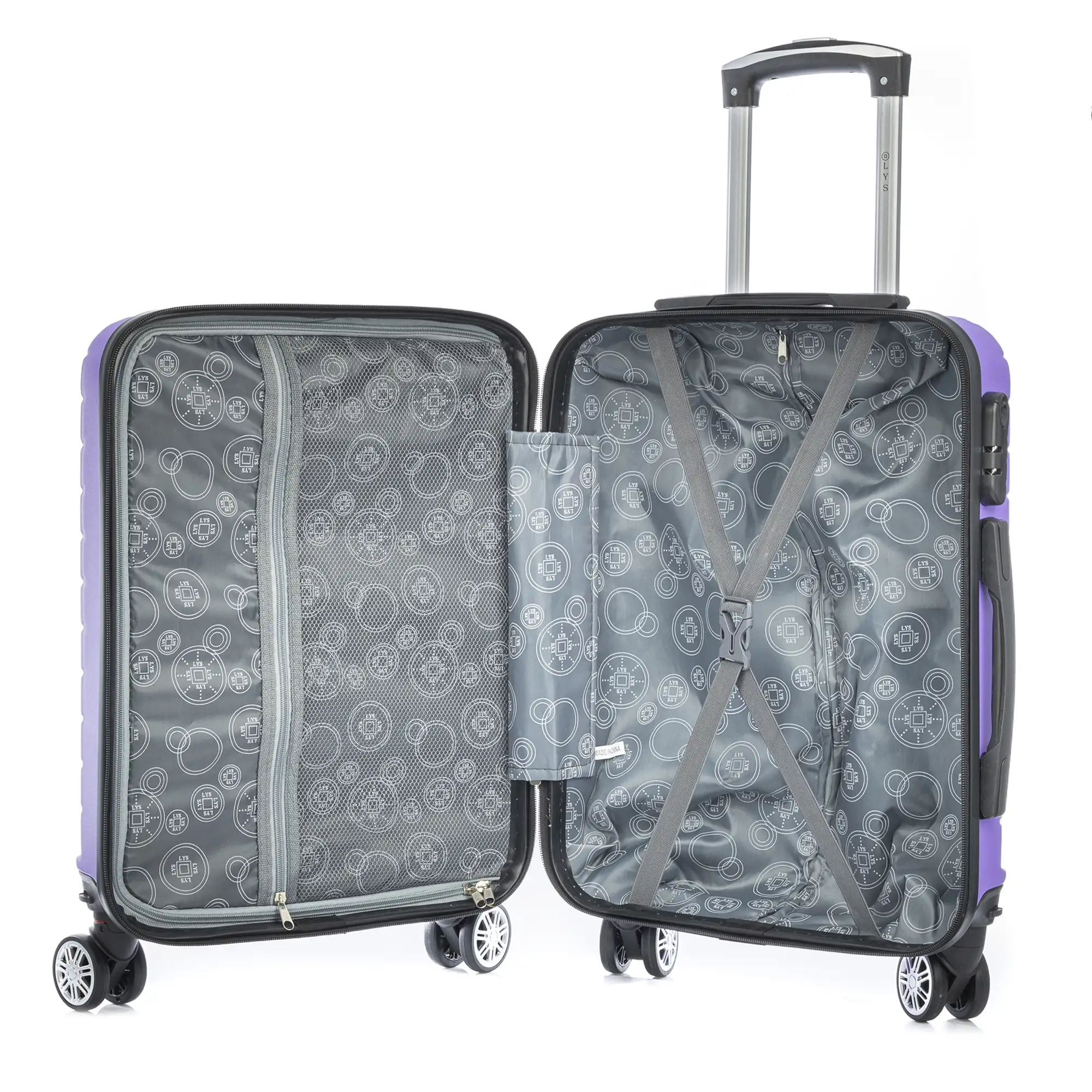 Maleta de cabina Trolley en material ligero de ABS de alta resistencia. Cerradura numérica, 4 ruedas dobles extraíbles y giratorias 360°. 55x38x20 cm.