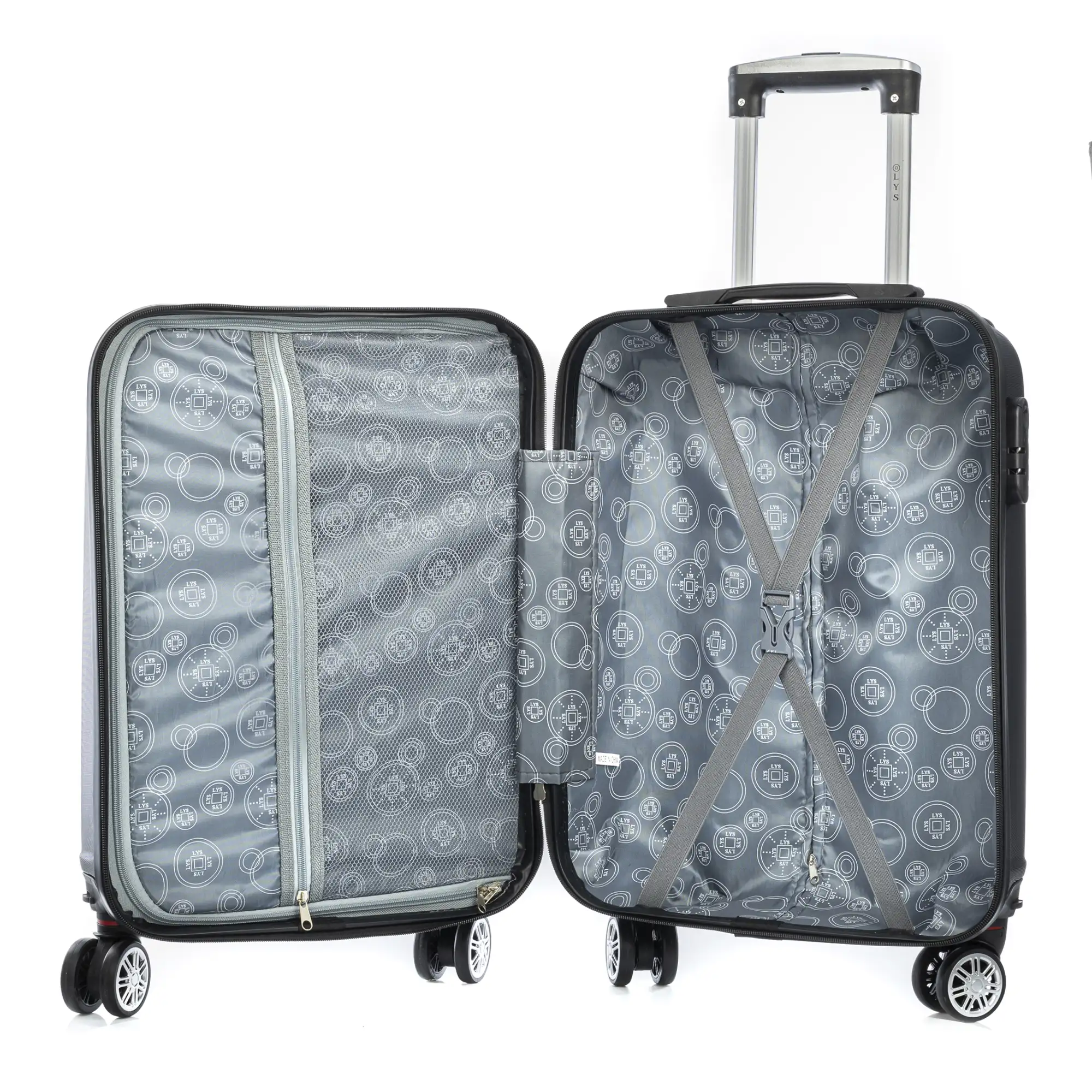 Maleta de cabina Trolley en material ligero de ABS de alta resistencia. Cerradura numérica, 4 ruedas dobles extraíbles y giratorias 360°. 57x38x20 cm.