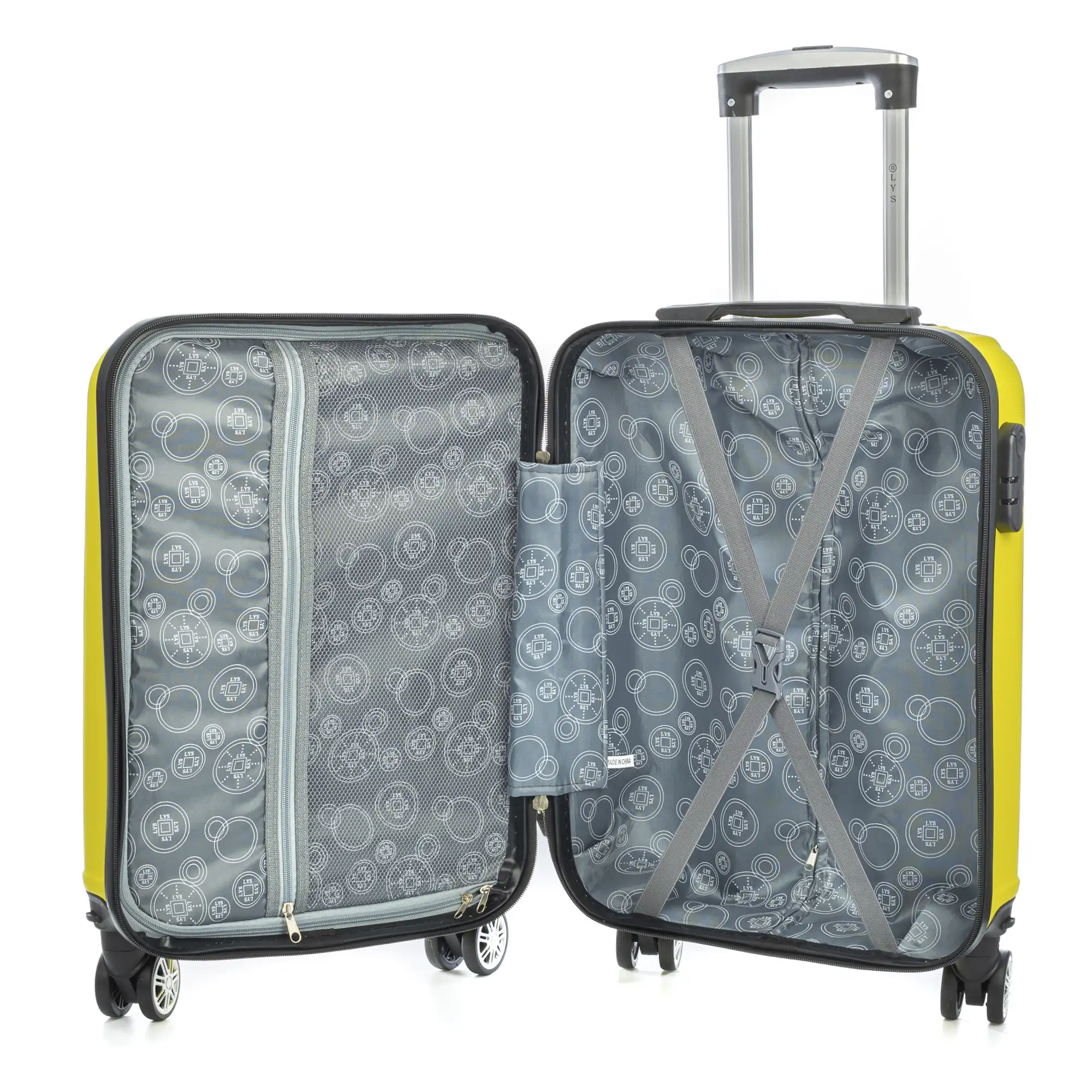 Maleta de cabina Trolley en material ligero de ABS de alta resistencia. Cerradura numérica, 4 ruedas dobles extraíbles y giratorias 360°. 57x38x20 cm.