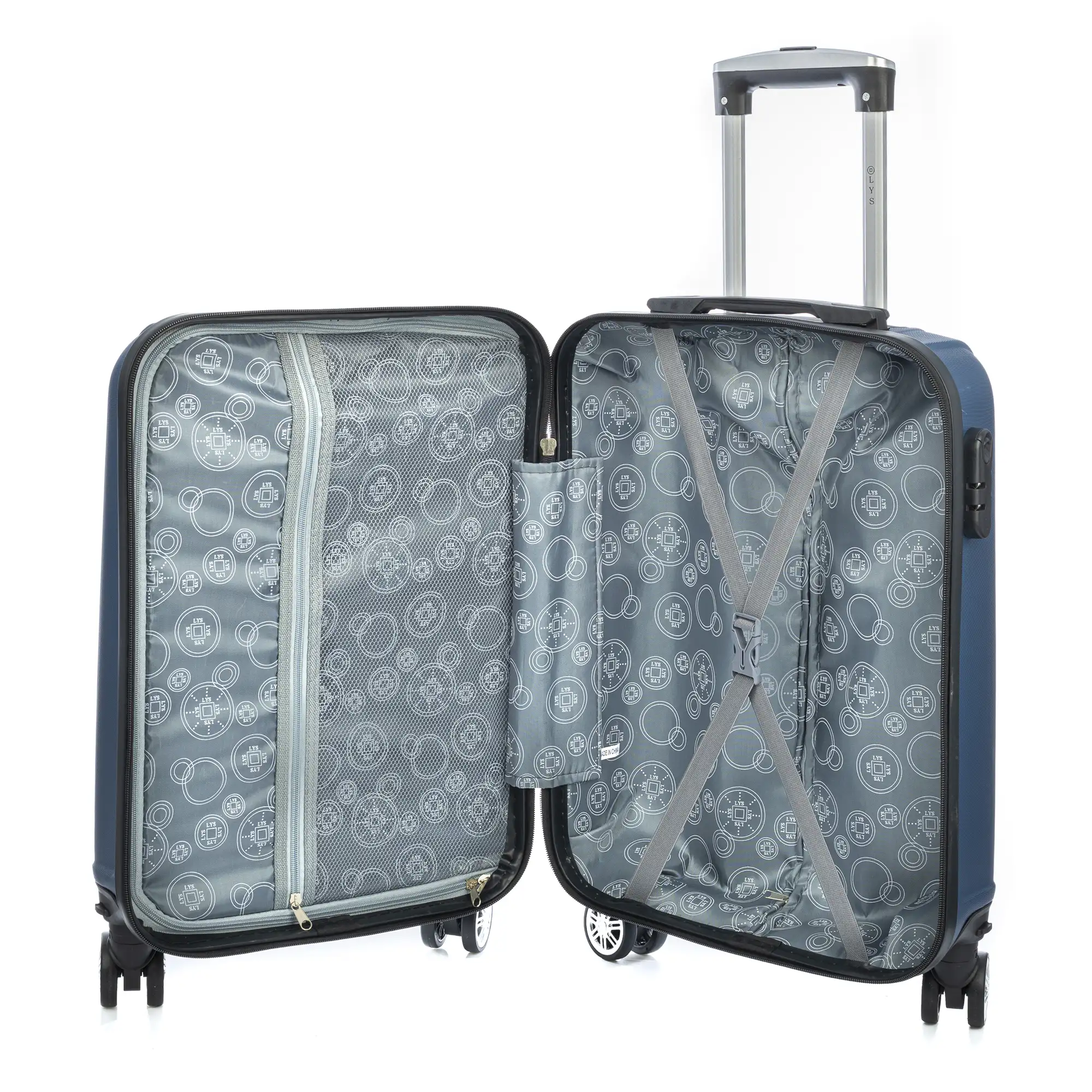 Maleta de cabina Trolley en material ligero de ABS de alta resistencia. Cerradura numérica, 4 ruedas dobles extraíbles y giratorias 360°. 57x38x20 cm.