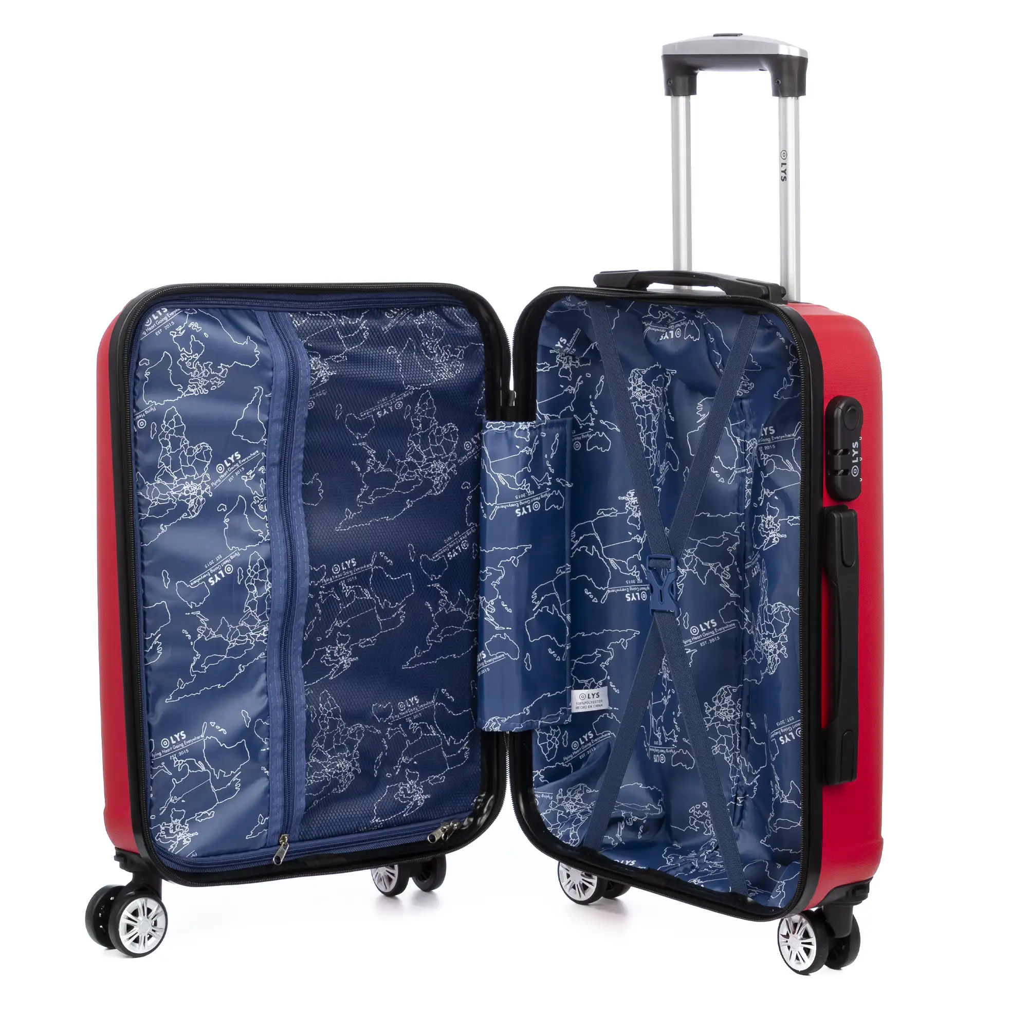 Maleta de cabina Trolley en material ligero de ABS de alta resistencia. Cerradura numérica, 4 ruedas dobles extraíbles y giratorias 360°. 57x38x20 cm.