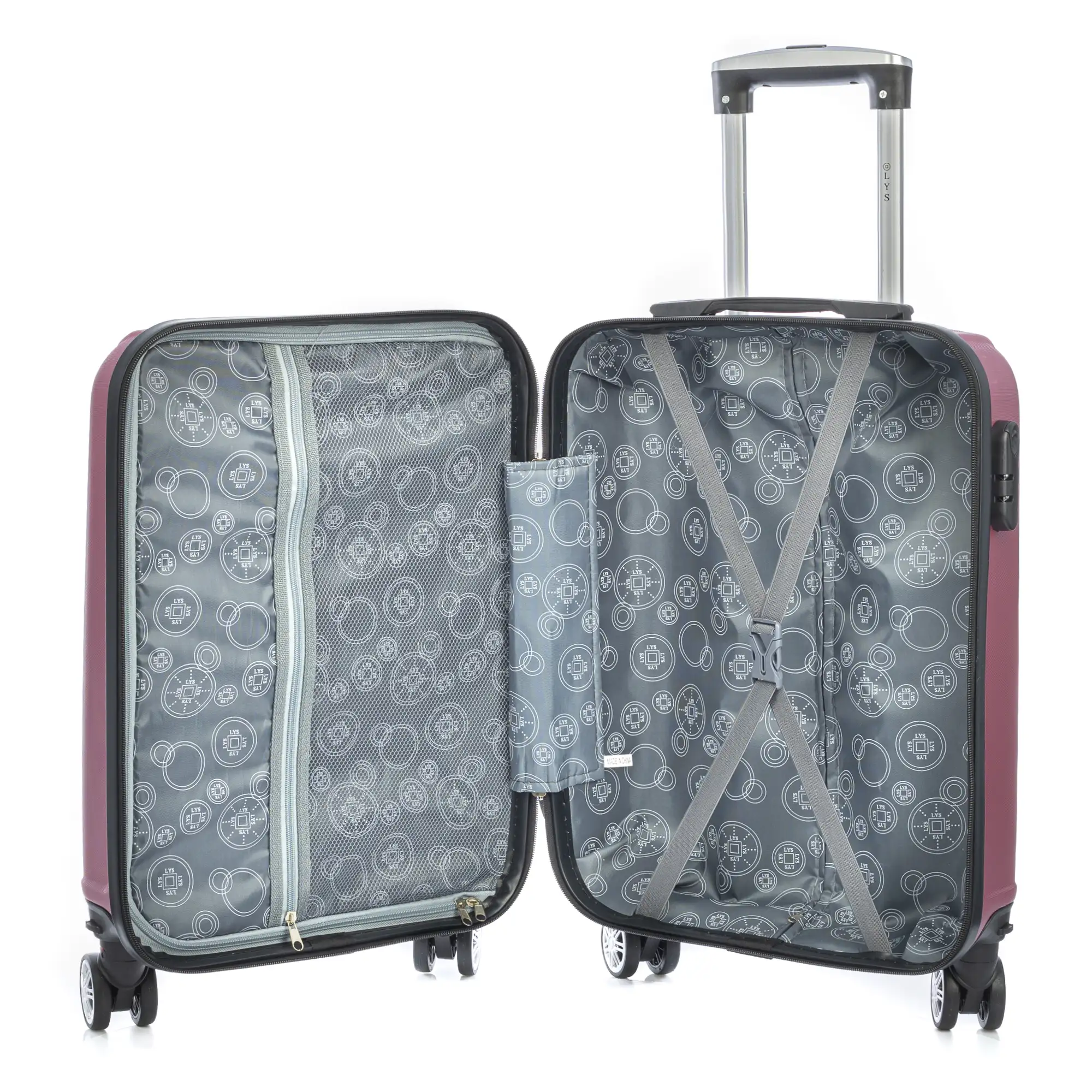 Maleta de cabina Trolley en material ligero de ABS de alta resistencia. Cerradura numérica, 4 ruedas dobles extraíbles y giratorias 360°. 57x38x20 cm.