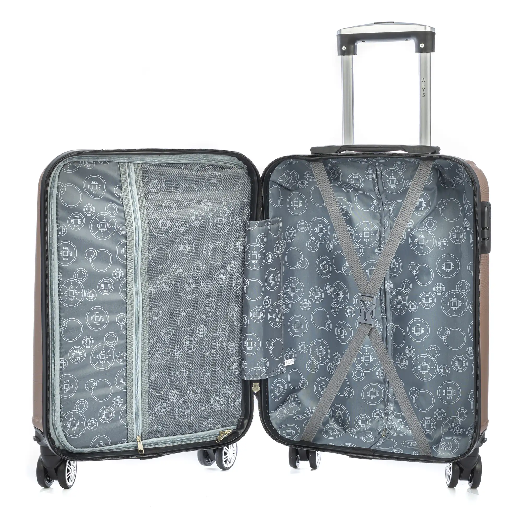 Maleta de cabina Trolley en material ligero de ABS de alta resistencia. Cerradura numérica, 4 ruedas dobles extraíbles y giratorias 360°. 57x38x20 cm.