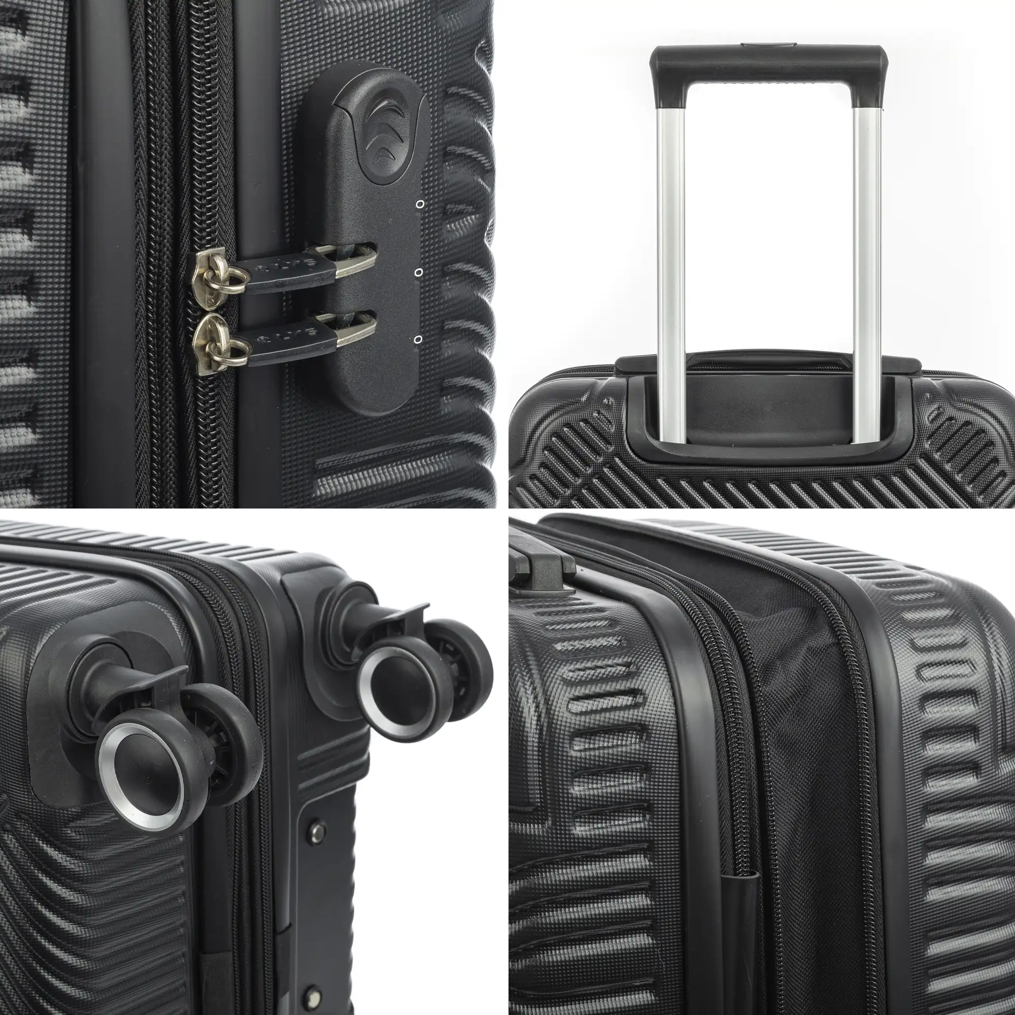 Juego de tres Maletas Trolley extensible, en material ligero ABS de alta resistencia. Cerradura numérica, 4 ruedas dobles giratorias 360°.