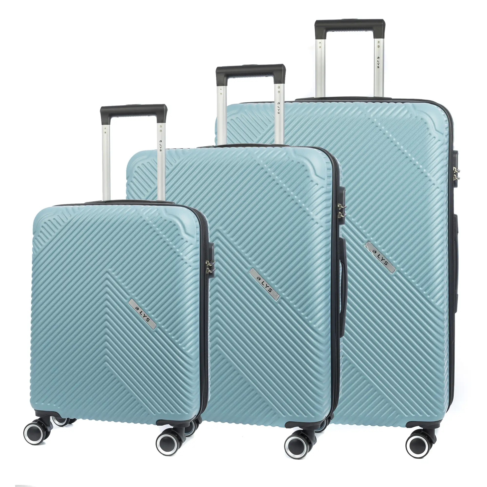 Juego de tres Maletas Trolley extensible, en material ligero ABS de alta resistencia. Cerradura numérica, 4 ruedas dobles giratorias 360°.