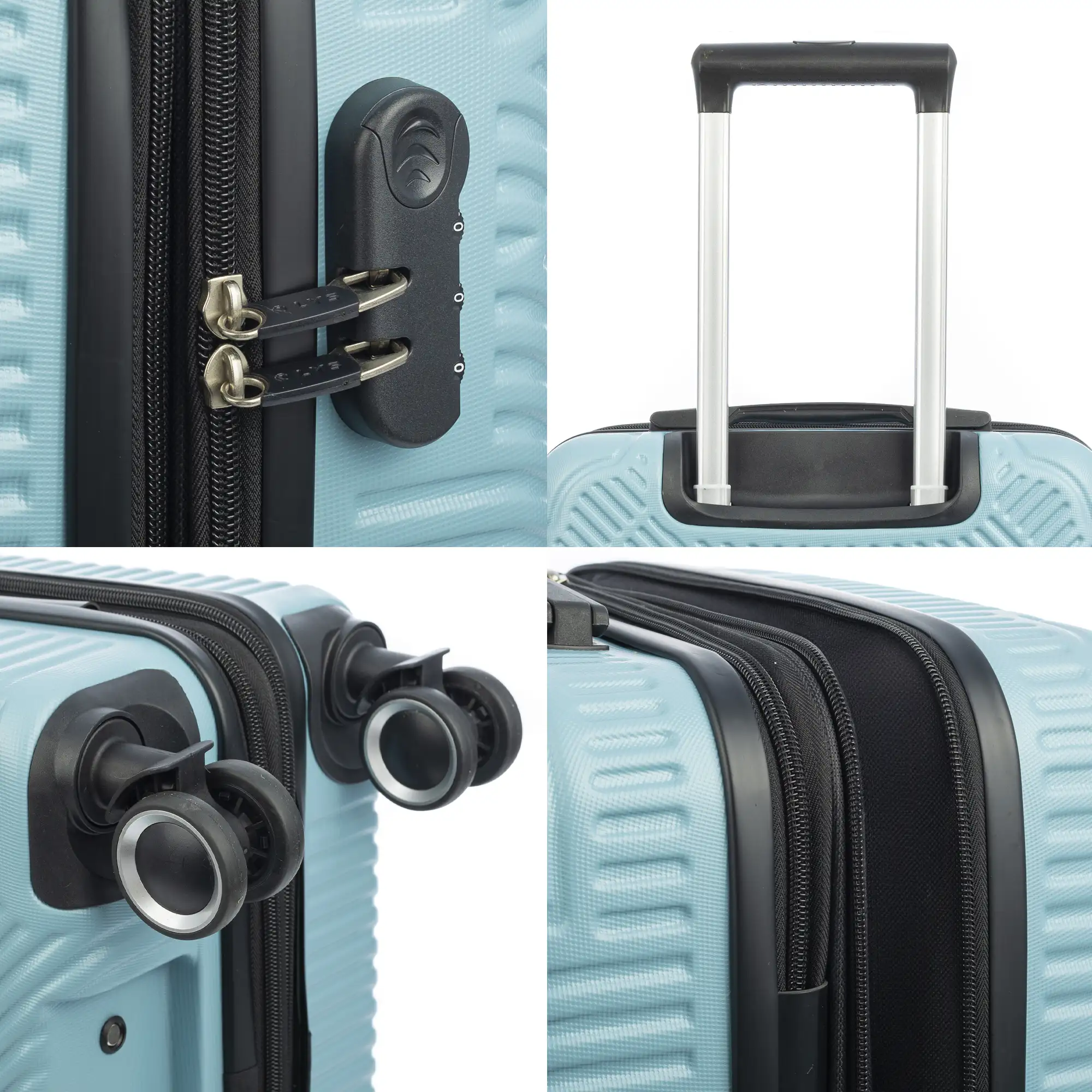 Juego de tres Maletas Trolley extensible, en material ligero ABS de alta resistencia. Cerradura numérica, 4 ruedas dobles giratorias 360°.
