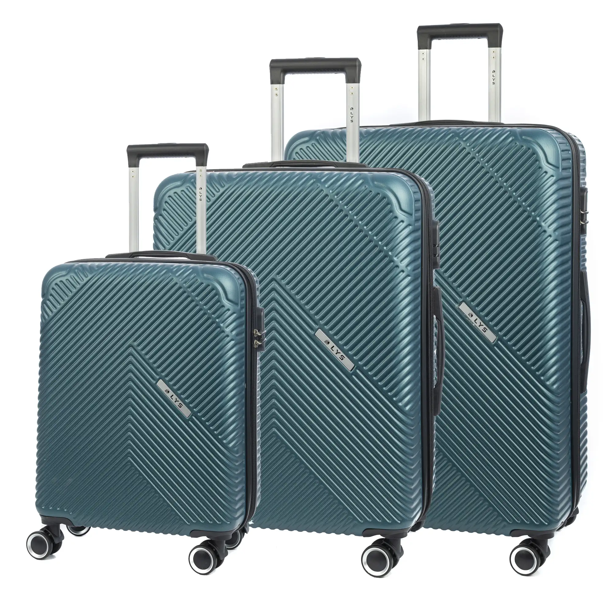 Juego de tres Maletas Trolley extensible, en material ligero ABS de alta resistencia. Cerradura numérica, 4 ruedas dobles giratorias 360°.