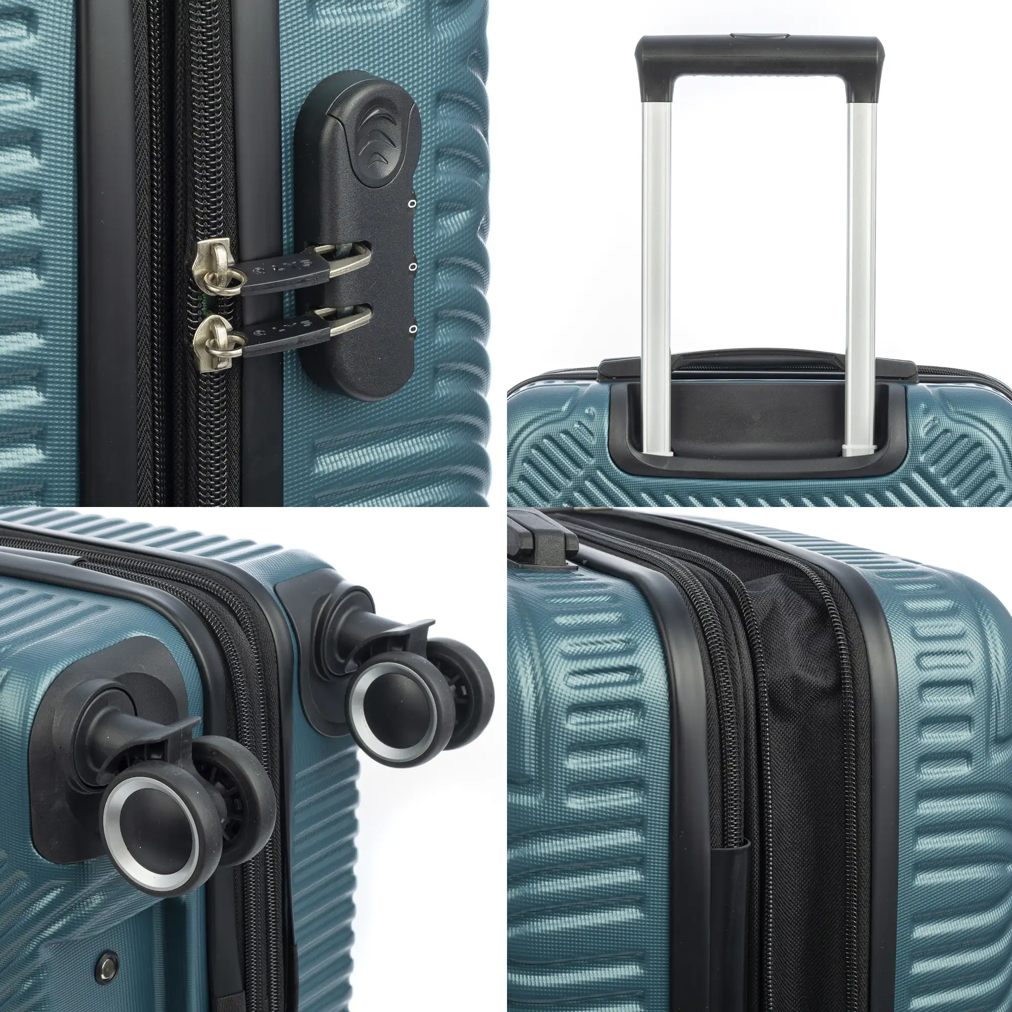 Juego de tres Maletas Trolley extensible, en material ligero ABS de alta resistencia. Cerradura numérica, 4 ruedas dobles giratorias 360°.