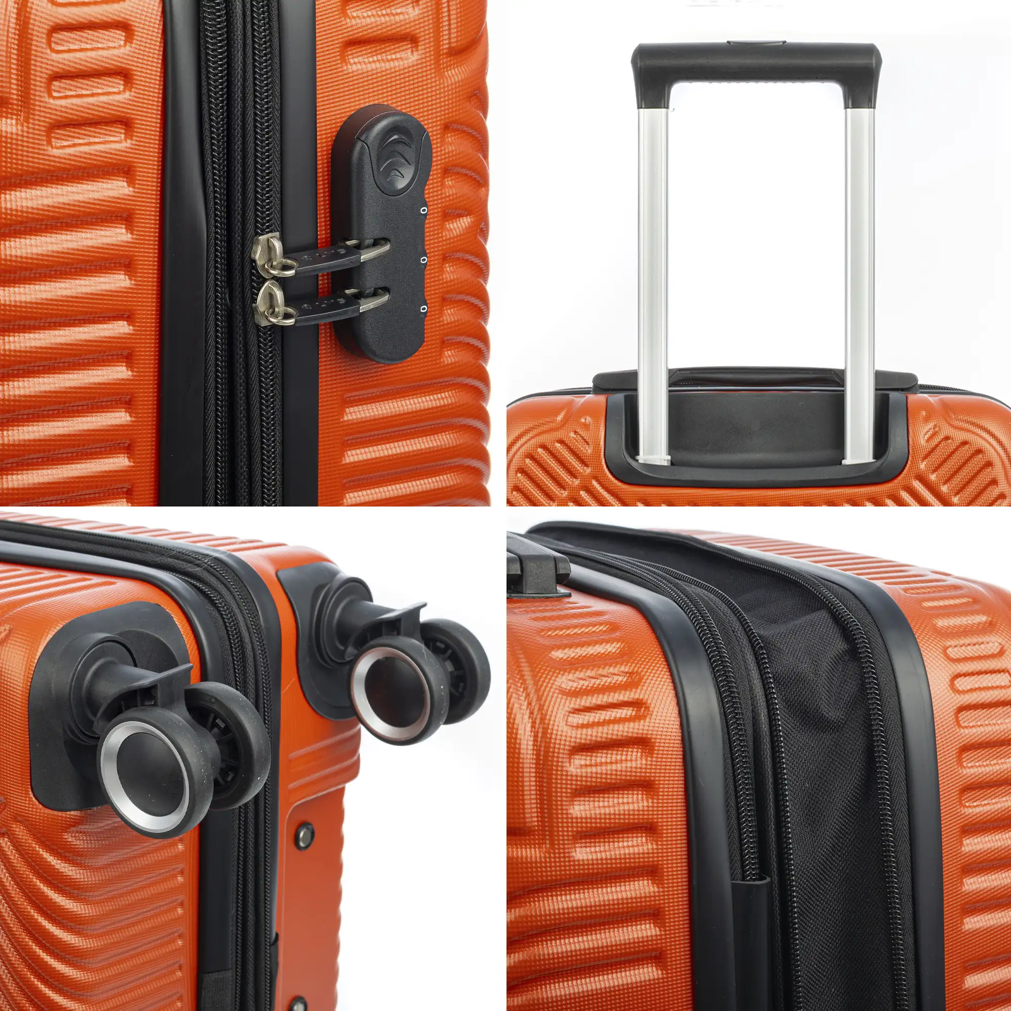 Juego de tres Maletas Trolley extensible, en material ligero ABS de alta resistencia. Cerradura numérica, 4 ruedas dobles giratorias 360°.