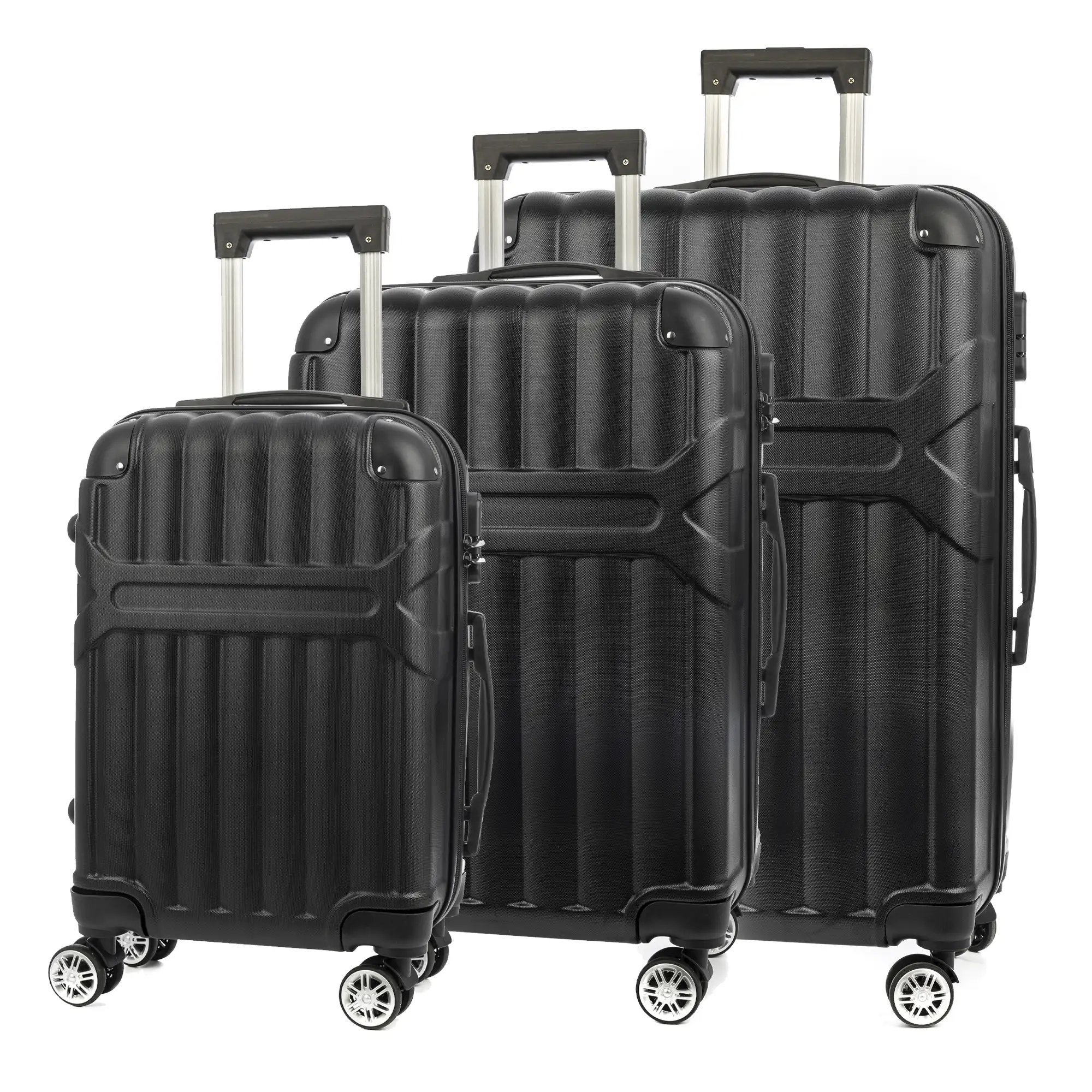 Juego de 3 maletas Trolley, en material ligero ABS de alta resistencia con esquinas reforzadas. Cerradura numérica y 4 ruedas dobles giratorias 360°.