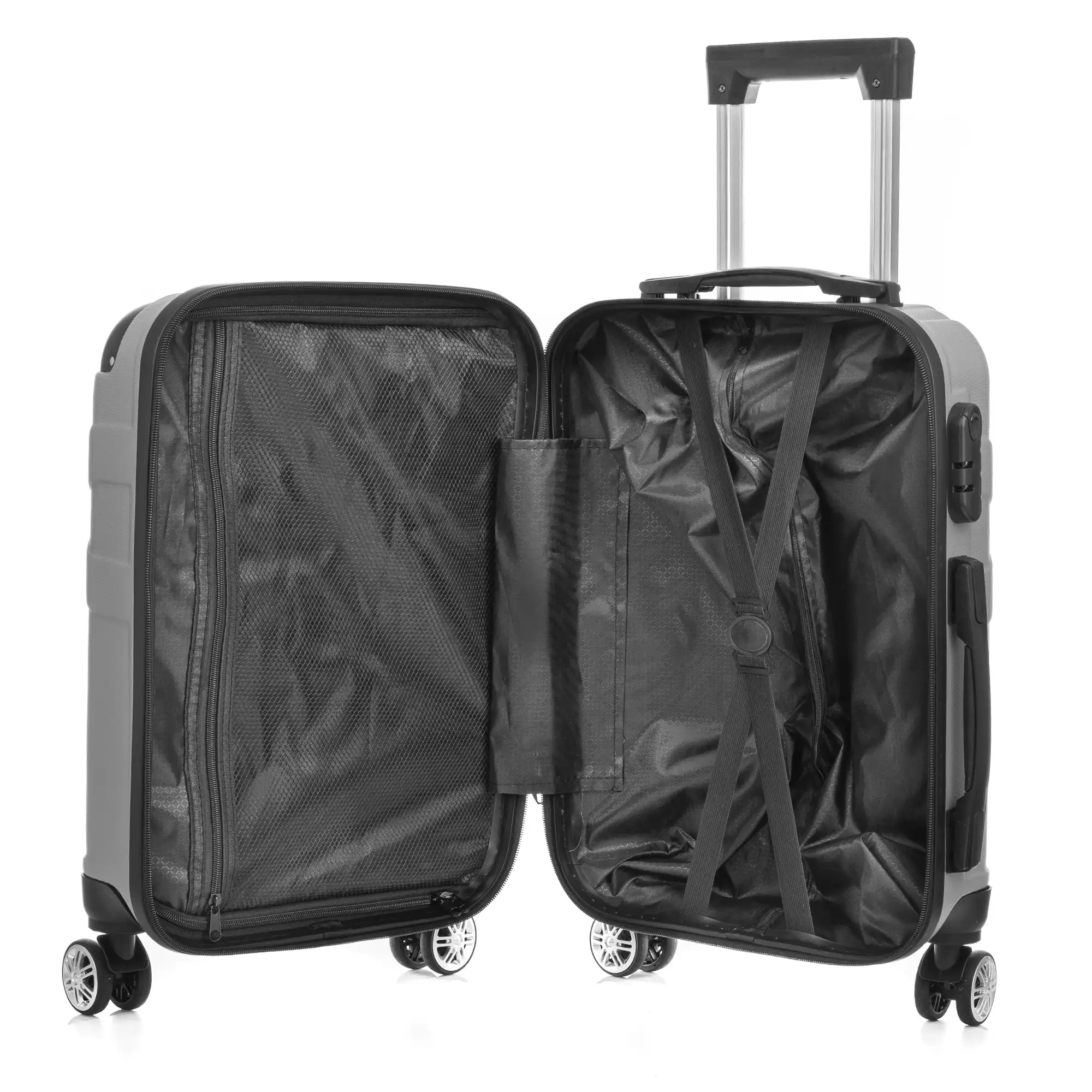 Maleta gran volumen trolley rígida ultraligera, de ABS de alta resistencia con esquinas reforzadas. Cerradura numérica y 4 ruedas dobles giratorias 360°. 76x50x29 cm.
