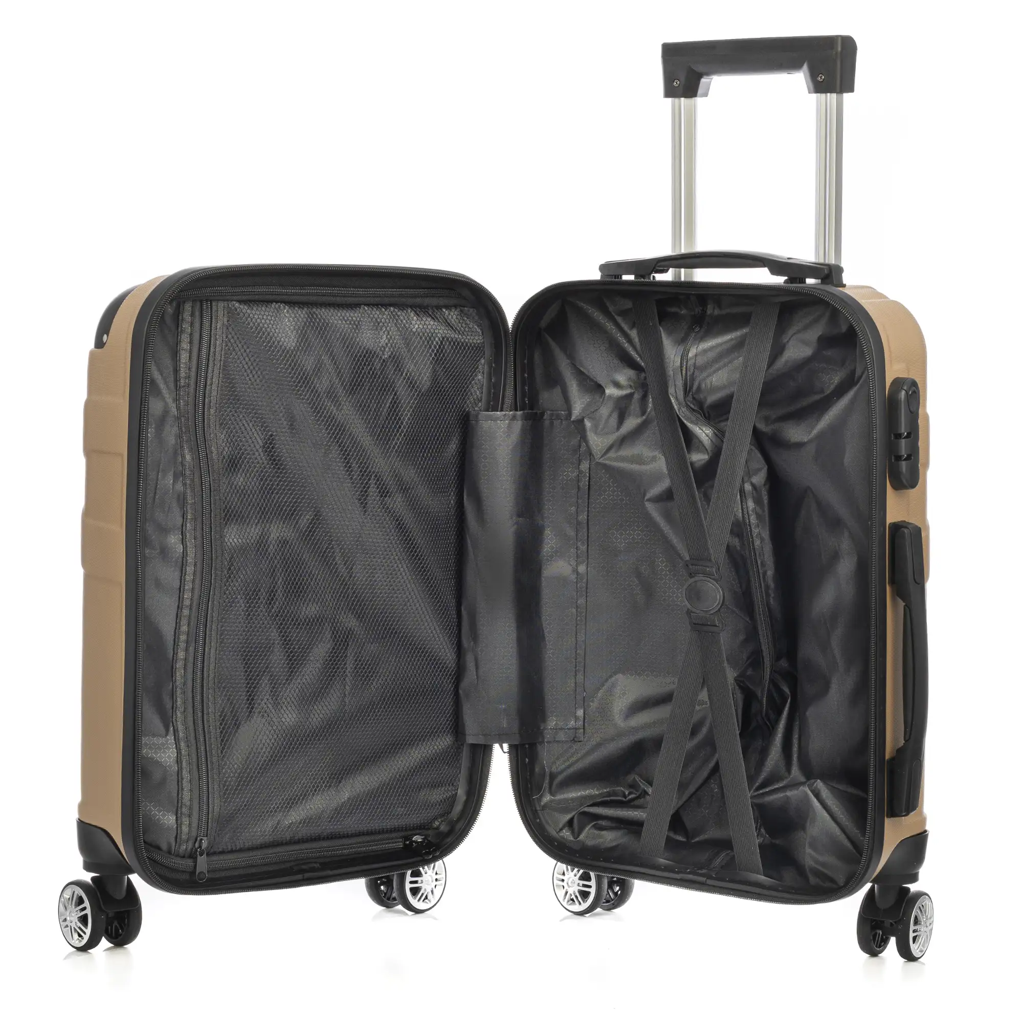 Juego de 3 maletas Trolley, en material ligero ABS de alta resistencia con esquinas reforzadas. Cerradura numérica y 4 ruedas dobles giratorias 360°.