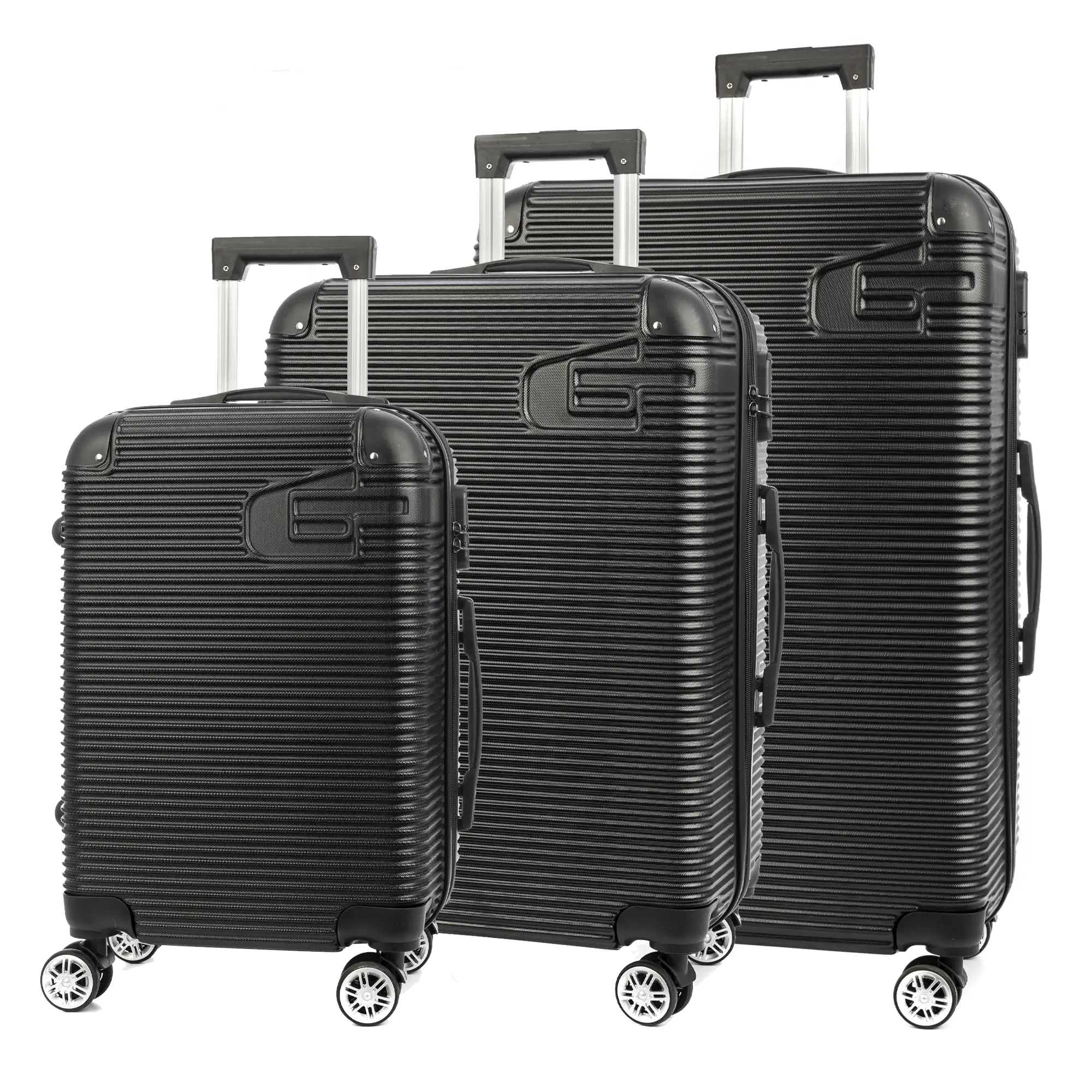 Juego de 3 maletas Trolley, en material ligero ABS de alta resistencia con esquinas reforzadas. Cerradura numérica y 4 ruedas dobles giratorias 360°.