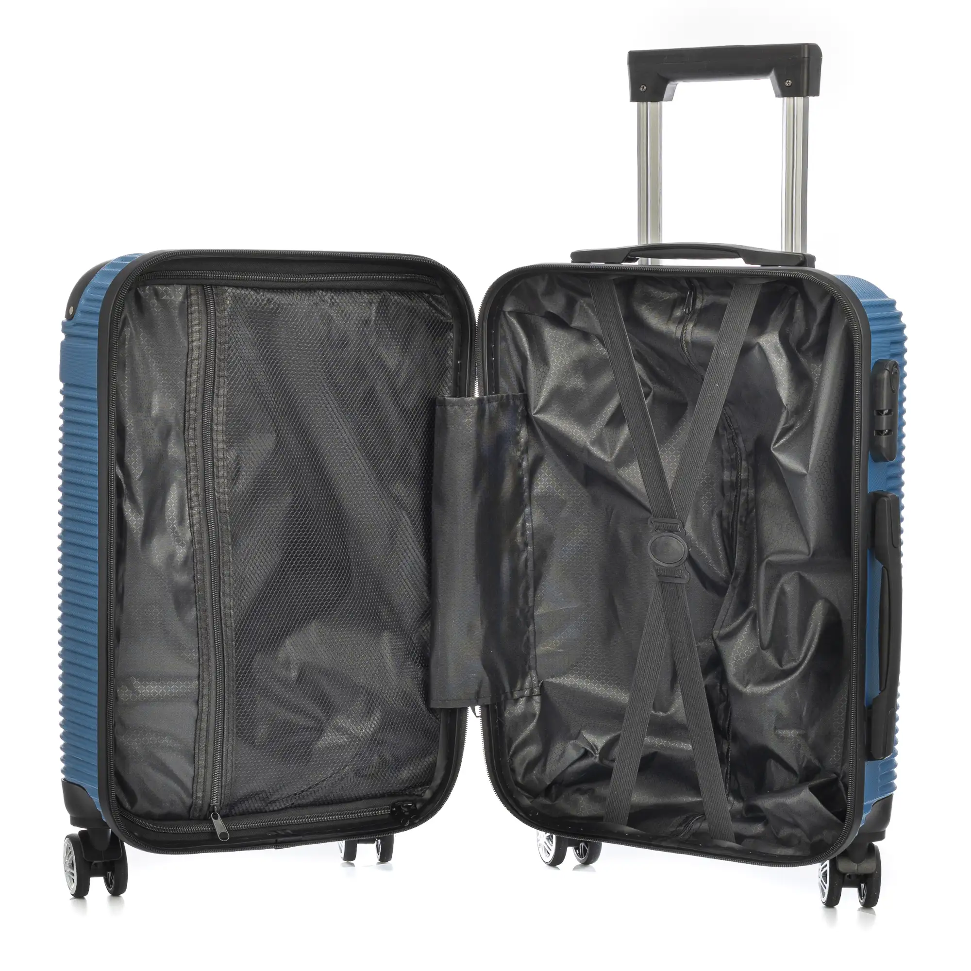 Maleta de cabina Trolley en material ligero de ABS de alta resistencia con esquinas reforzadas. Cerradura numérica y 4 ruedas dobles giratorias 360°. 57x36x21 cm.