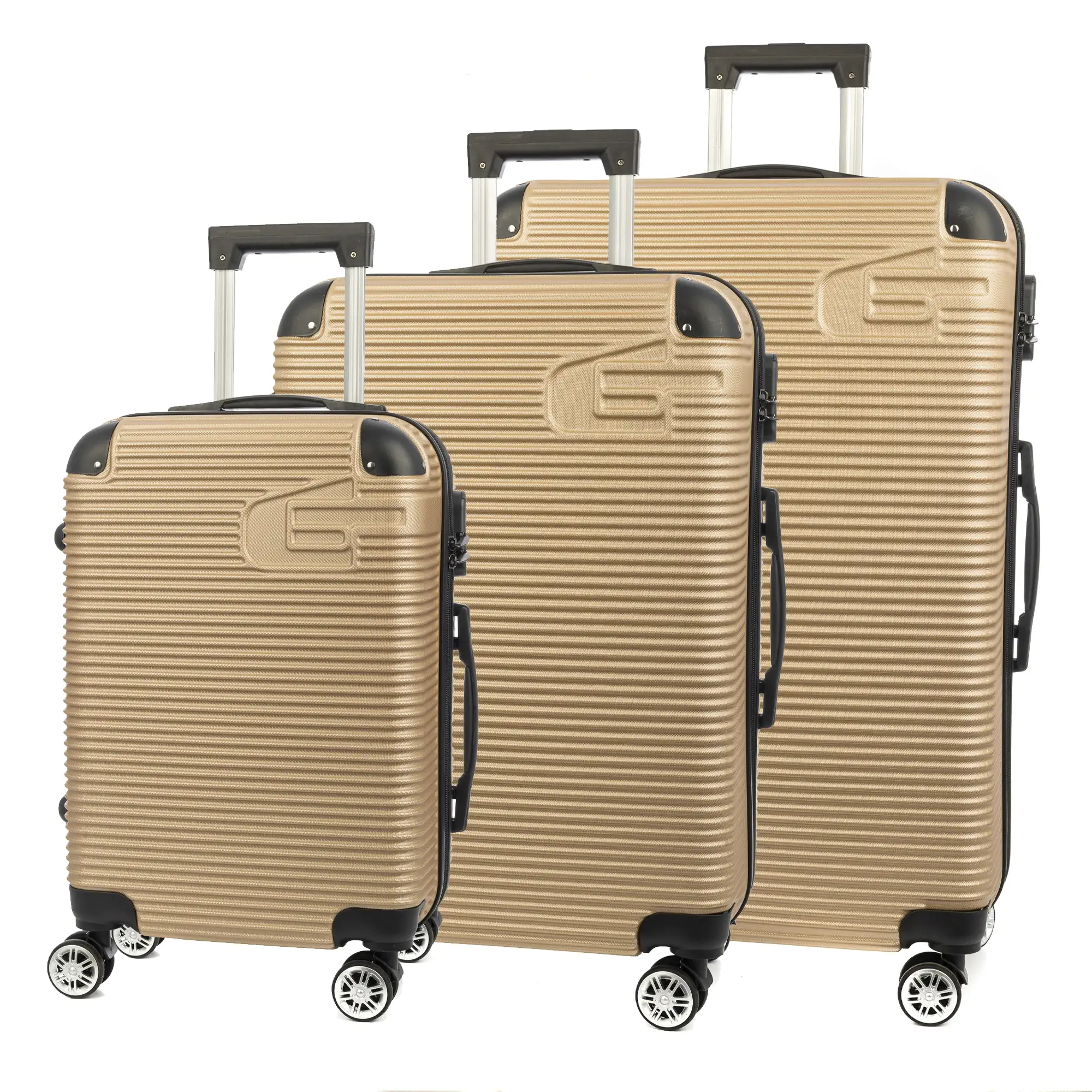 Juego de 3 maletas Trolley, en material ligero ABS de alta resistencia con esquinas reforzadas. Cerradura numérica y 4 ruedas dobles giratorias 360°.