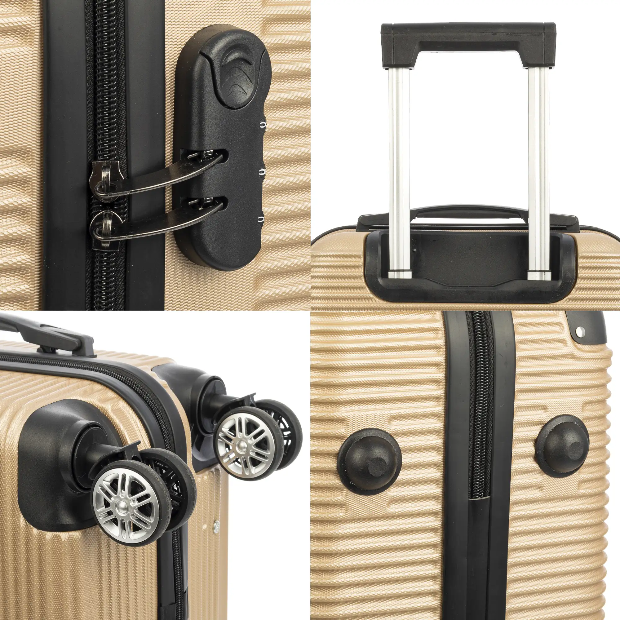 Juego de 3 maletas Trolley, en material ligero ABS de alta resistencia con esquinas reforzadas. Cerradura numérica y 4 ruedas dobles giratorias 360°.