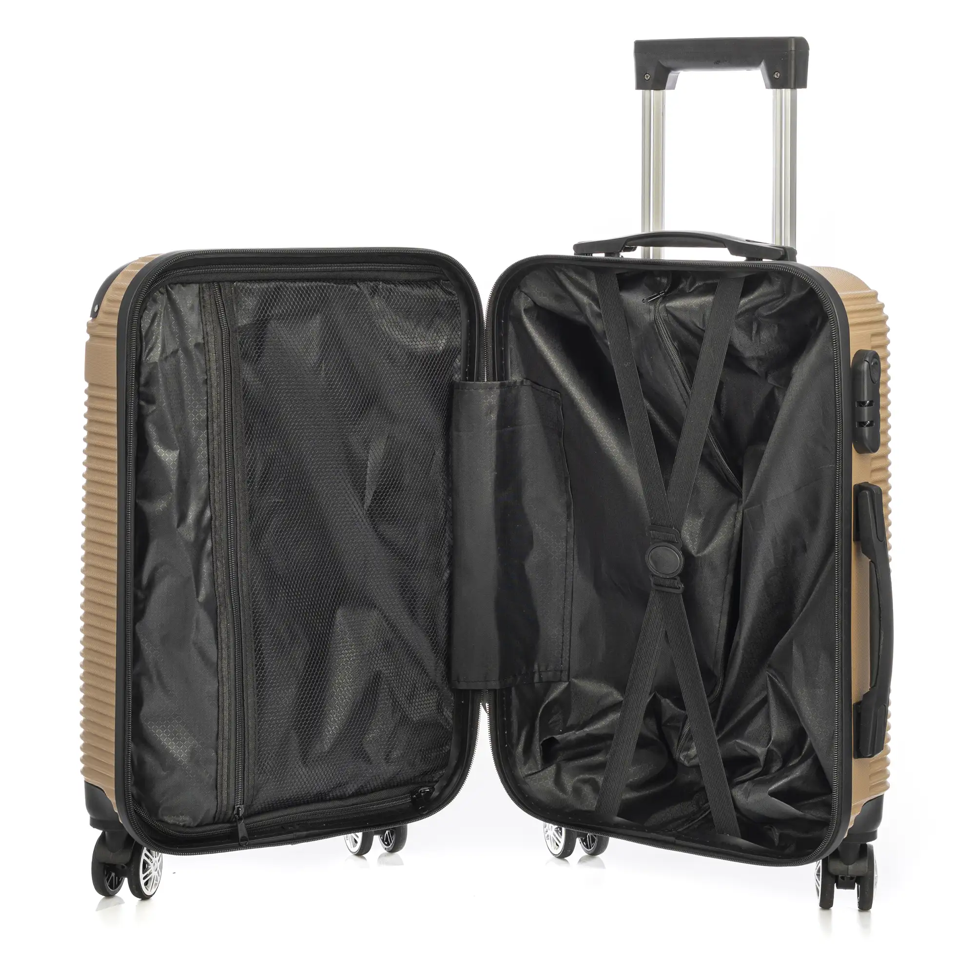 Juego de 3 maletas Trolley, en material ligero ABS de alta resistencia con esquinas reforzadas. Cerradura numérica y 4 ruedas dobles giratorias 360°.