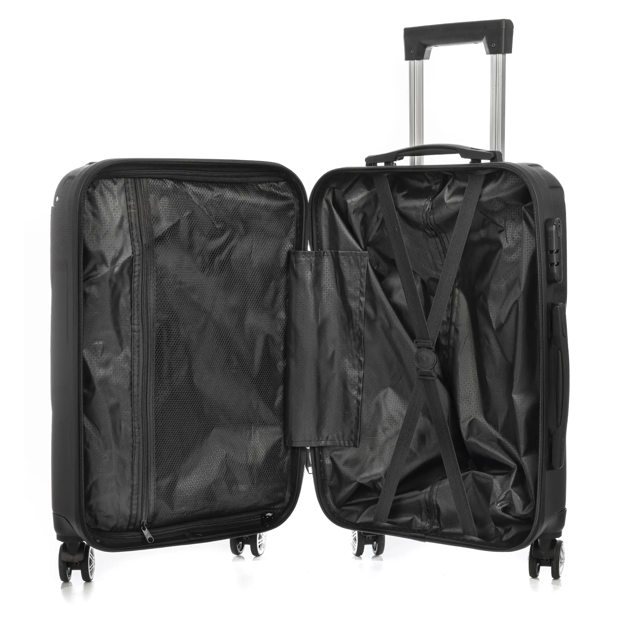 Maleta de cabina Trolley en material ligero de ABS de alta resistencia con esquinas reforzadas. Cerradura numérica y 4 ruedas dobles giratorias 360°. 59x38x23 cm.