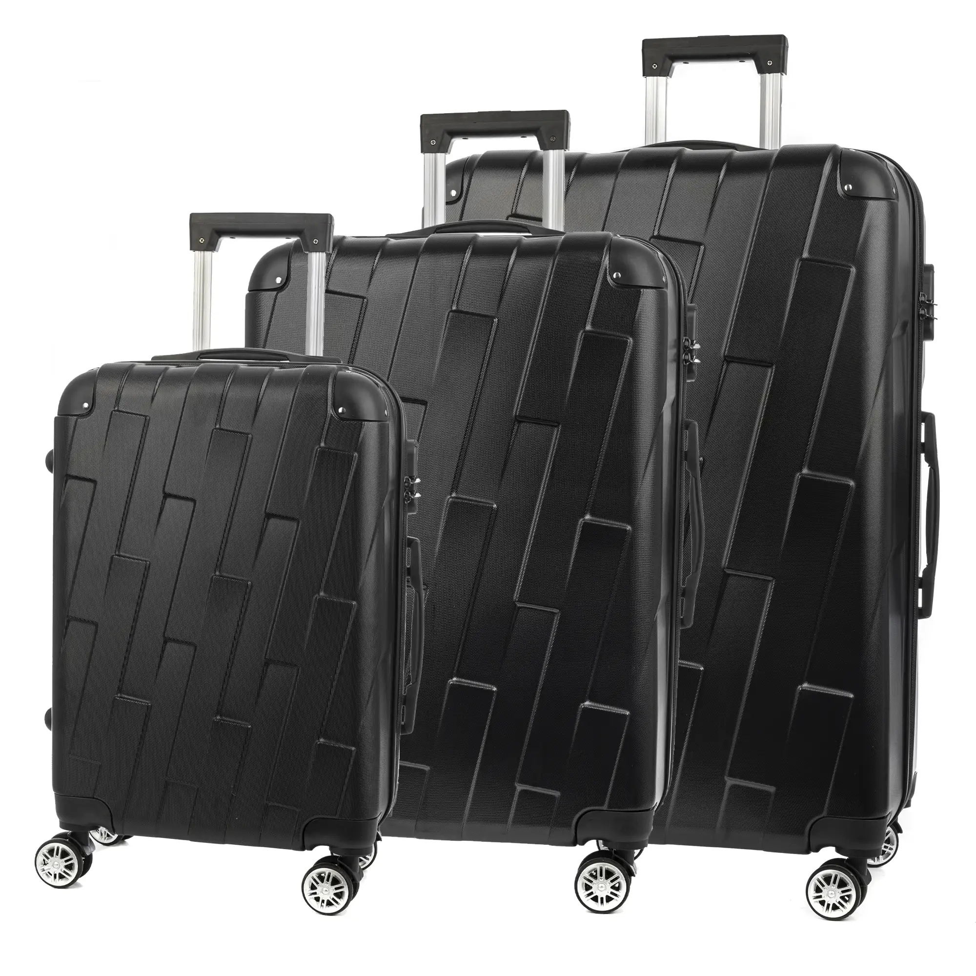 Juego de 3 maletas Trolley, en material ligero ABS de alta resistencia con esquinas reforzadas. Cerradura numérica y 4 ruedas dobles giratorias 360°.