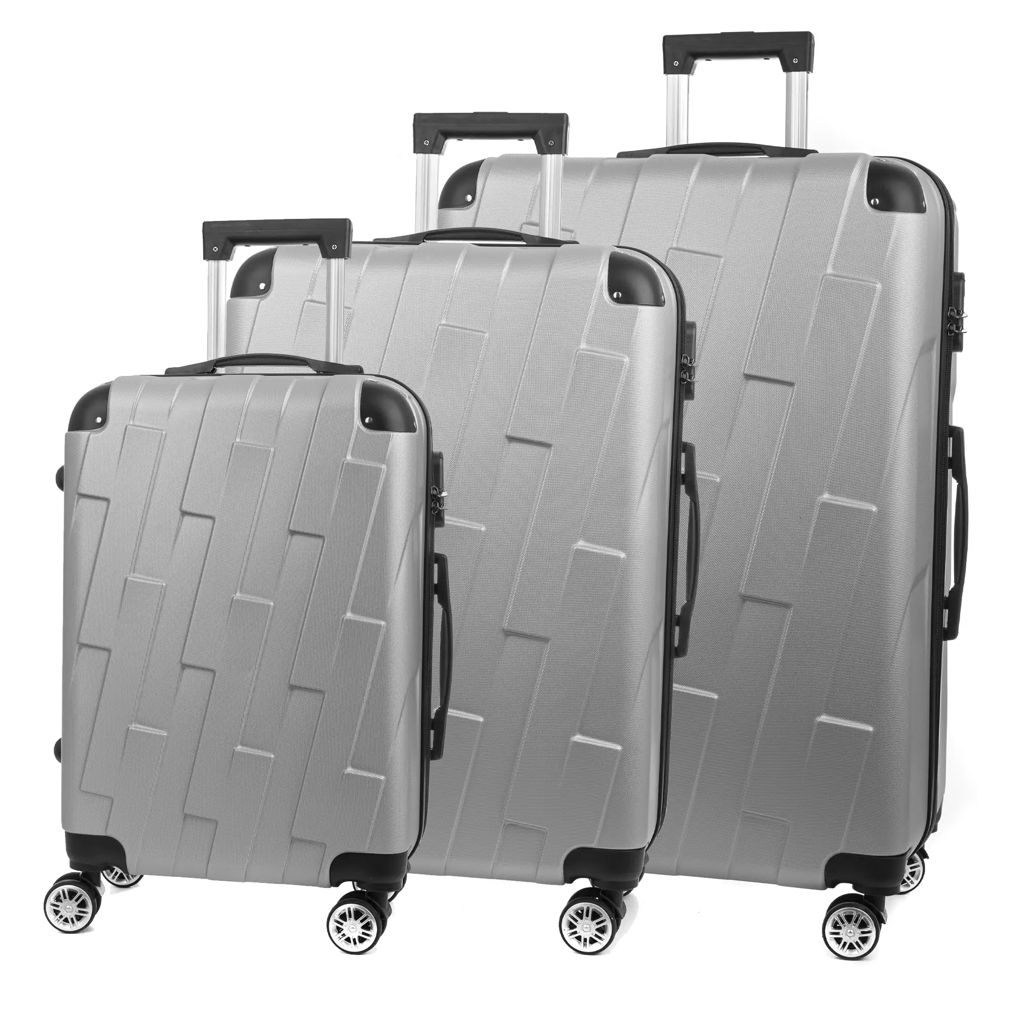 Juego de 3 maletas Trolley, en material ligero ABS de alta resistencia con esquinas reforzadas. Cerradura numérica y 4 ruedas dobles giratorias 360°.