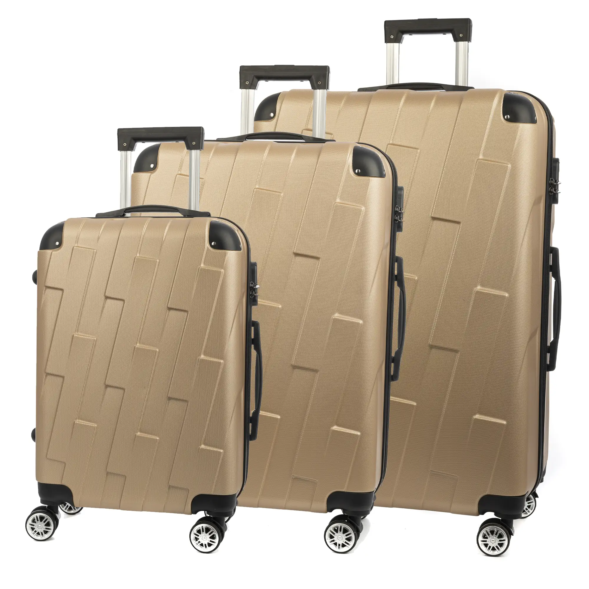 Juego de 3 maletas Trolley, en material ligero ABS de alta resistencia con esquinas reforzadas. Cerradura numérica y 4 ruedas dobles giratorias 360°.