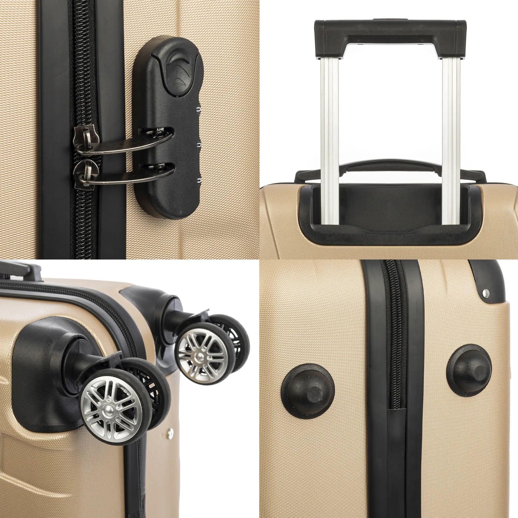 Juego de 3 maletas Trolley, en material ligero ABS de alta resistencia con esquinas reforzadas. Cerradura numérica y 4 ruedas dobles giratorias 360°.