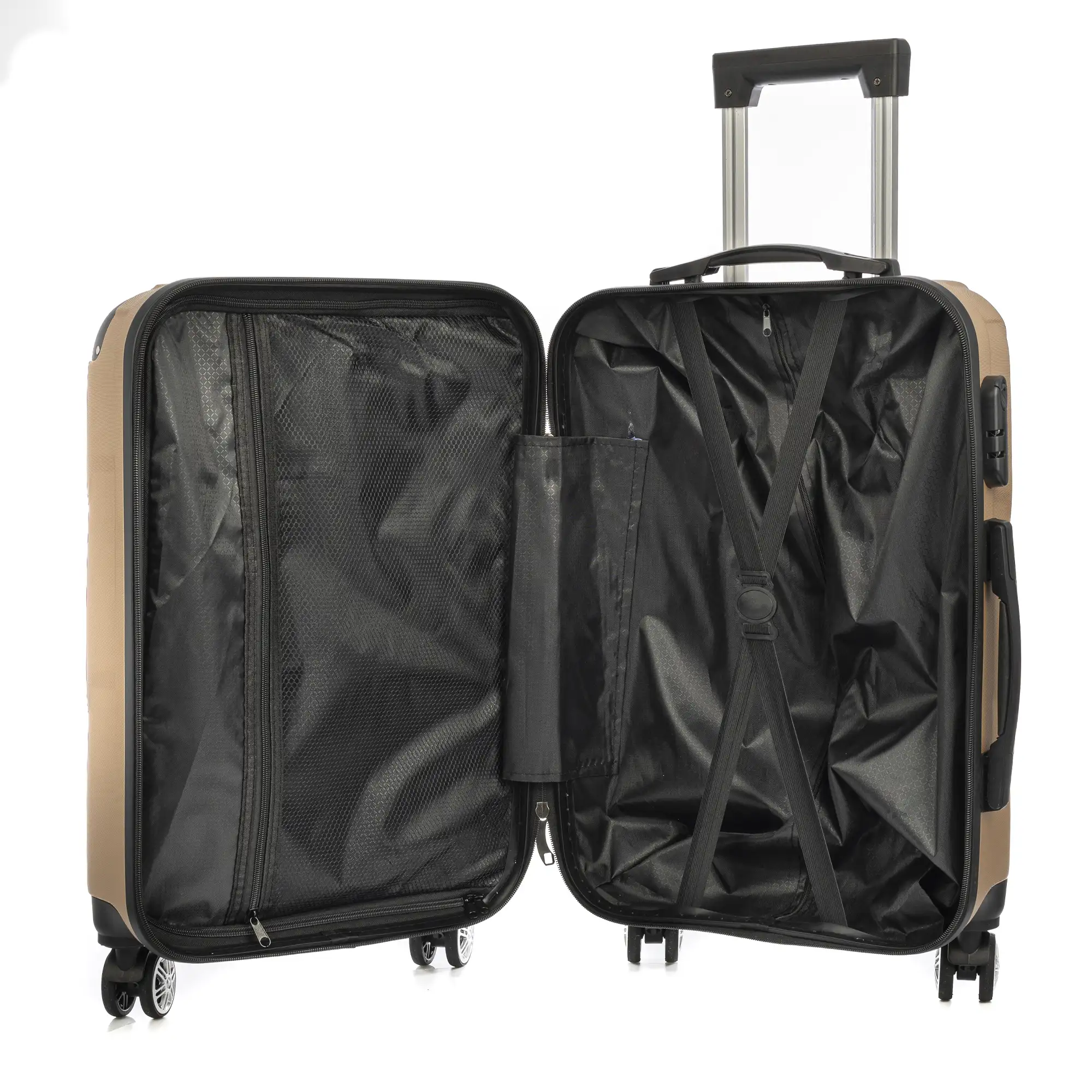Juego de 3 maletas Trolley, en material ligero ABS de alta resistencia con esquinas reforzadas. Cerradura numérica y 4 ruedas dobles giratorias 360°.