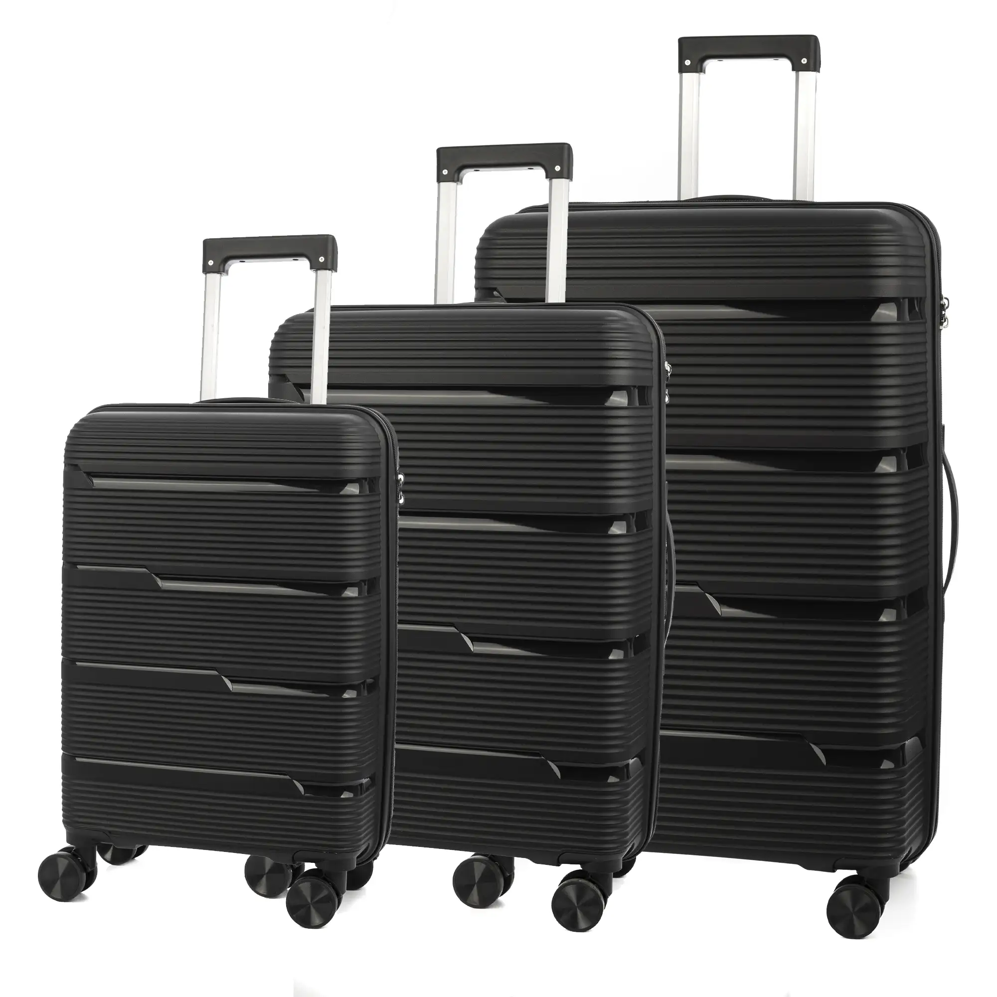 Juego de 3 maletas trolley de PP resistente a la rotura. Cerradura TSA numérica, 4 ruedas dobles y giratorias 360°.