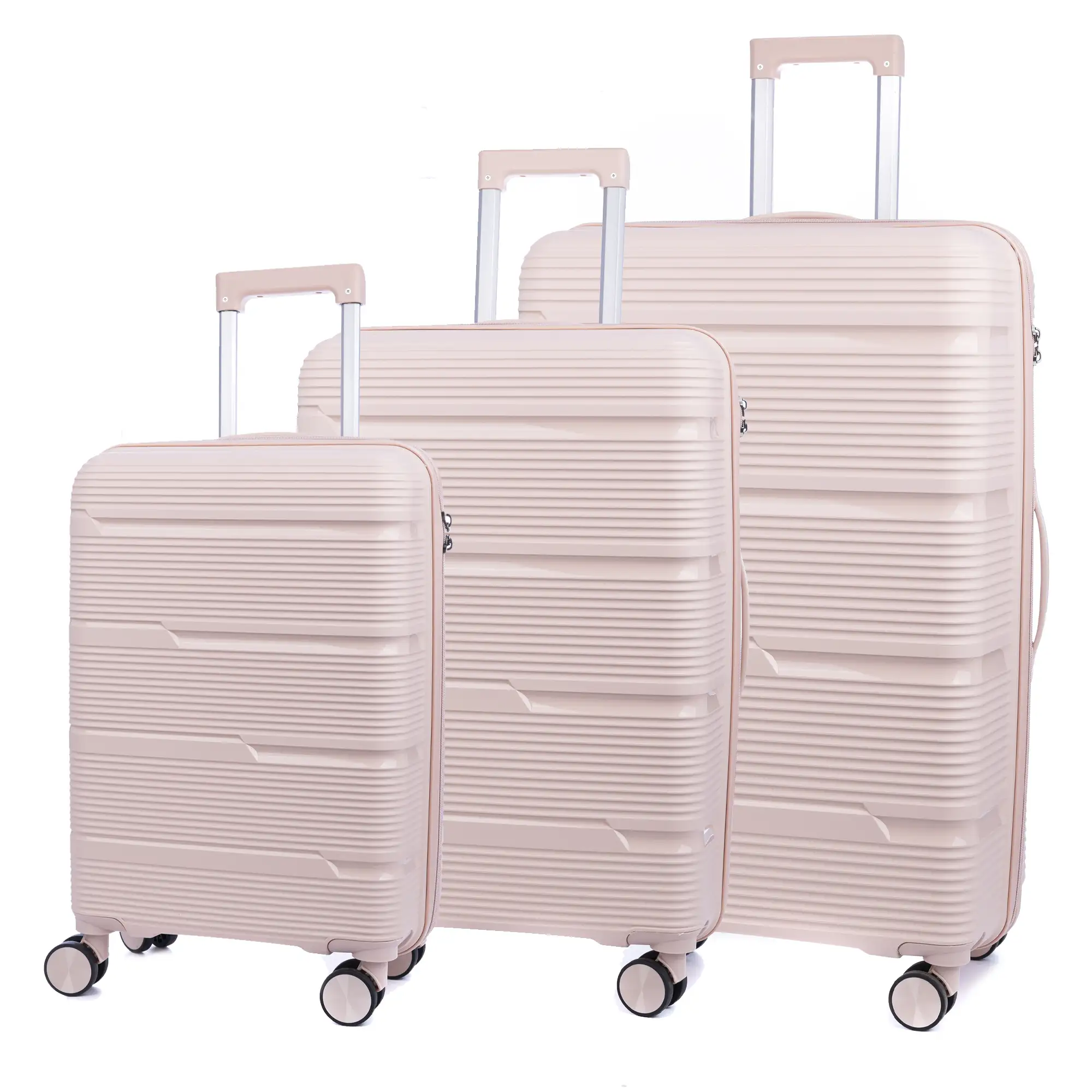 Juego de 3 maletas trolley de PP resistente a la rotura. Cerradura TSA numérica, 4 ruedas dobles y giratorias 360°.