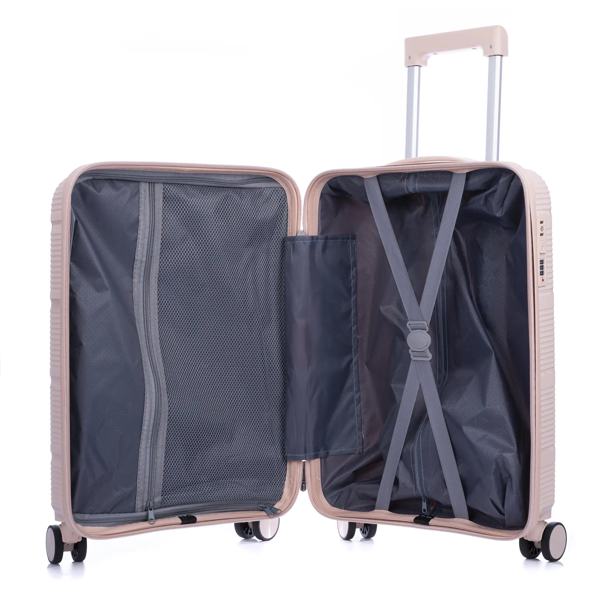 Juego de 3 maletas trolley de PP resistente a la rotura. Cerradura TSA numérica, 4 ruedas dobles y giratorias 360°.