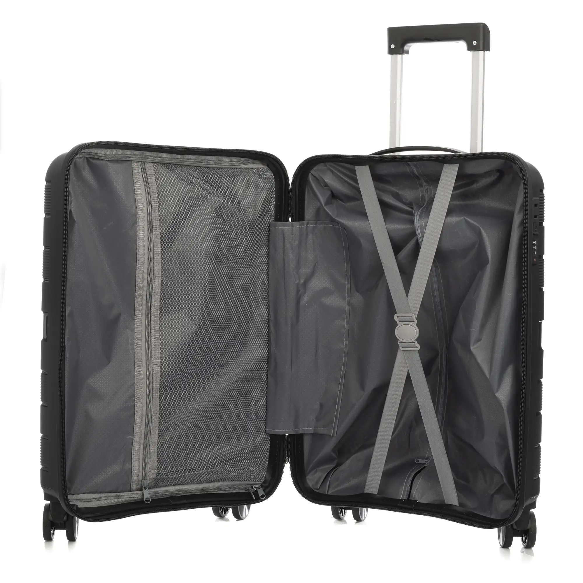 Maleta de cabina trolley de PP resistente a la rotura. Cerradura TSA numérica, 4 ruedas dobles y giratorias 360°. 60x38x23 cm.