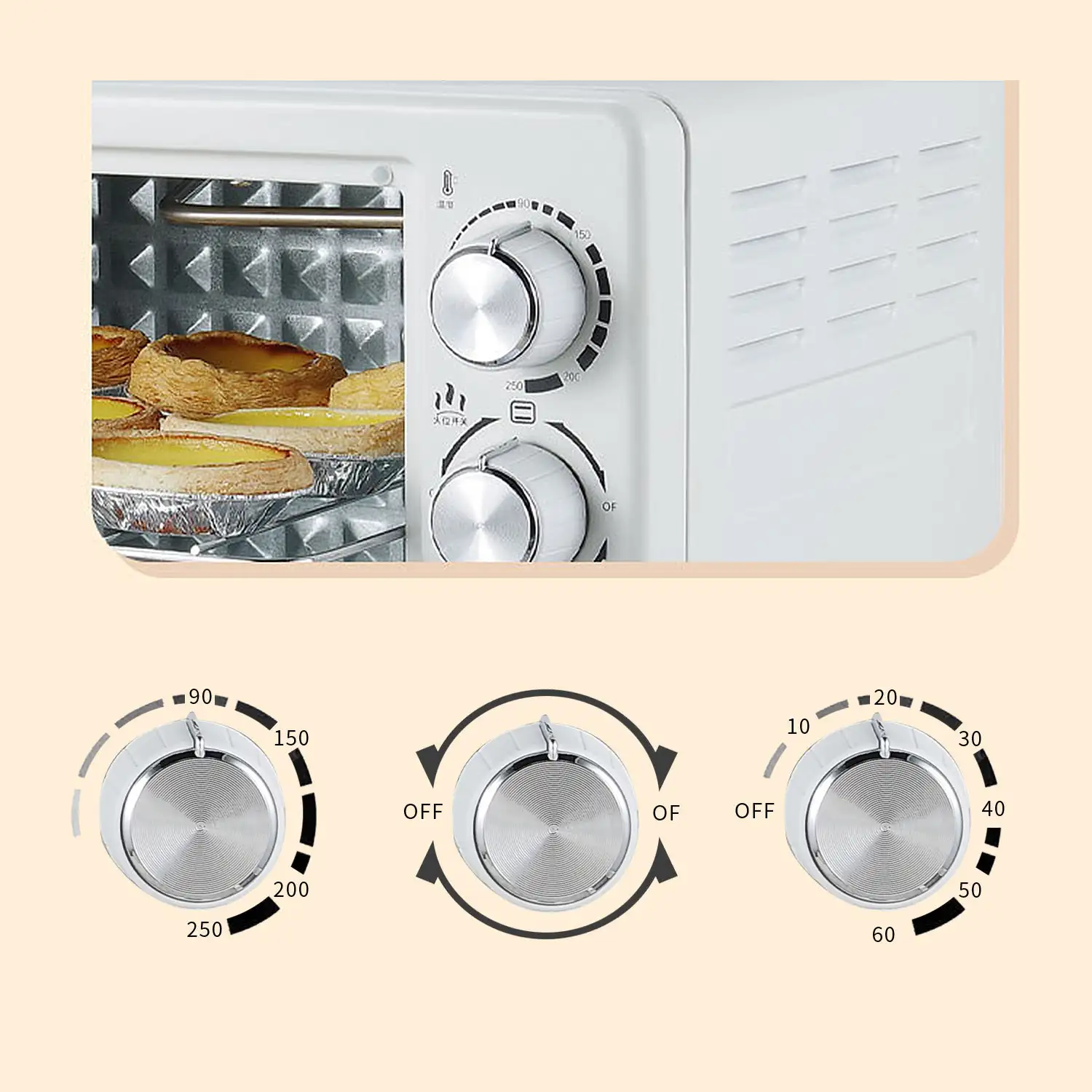 Horno eléctrico de sobremesa con 22 litros de capacidad. Panel de control mecánico y 1000W de potencia.