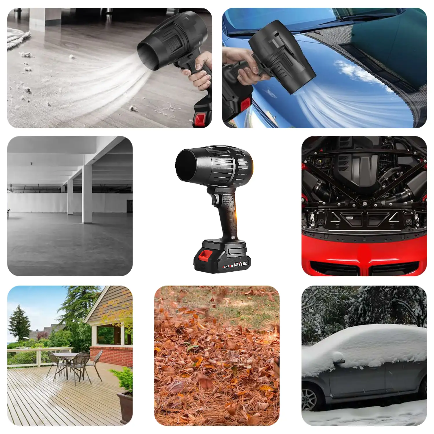 Soplador de aire profesional inalámbrico con 1050W de potencia y 1200G de presión de viento. Mango ergonómico.