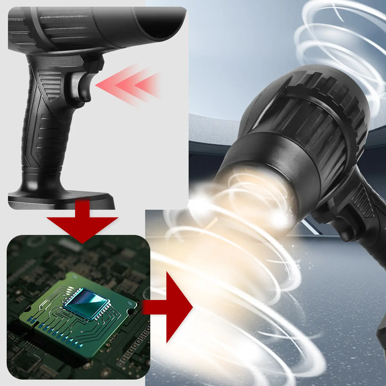 Soplador de aire profesional inalámbrico con 1050W de potencia y 1200G de presión de viento. Mango ergonómico.
