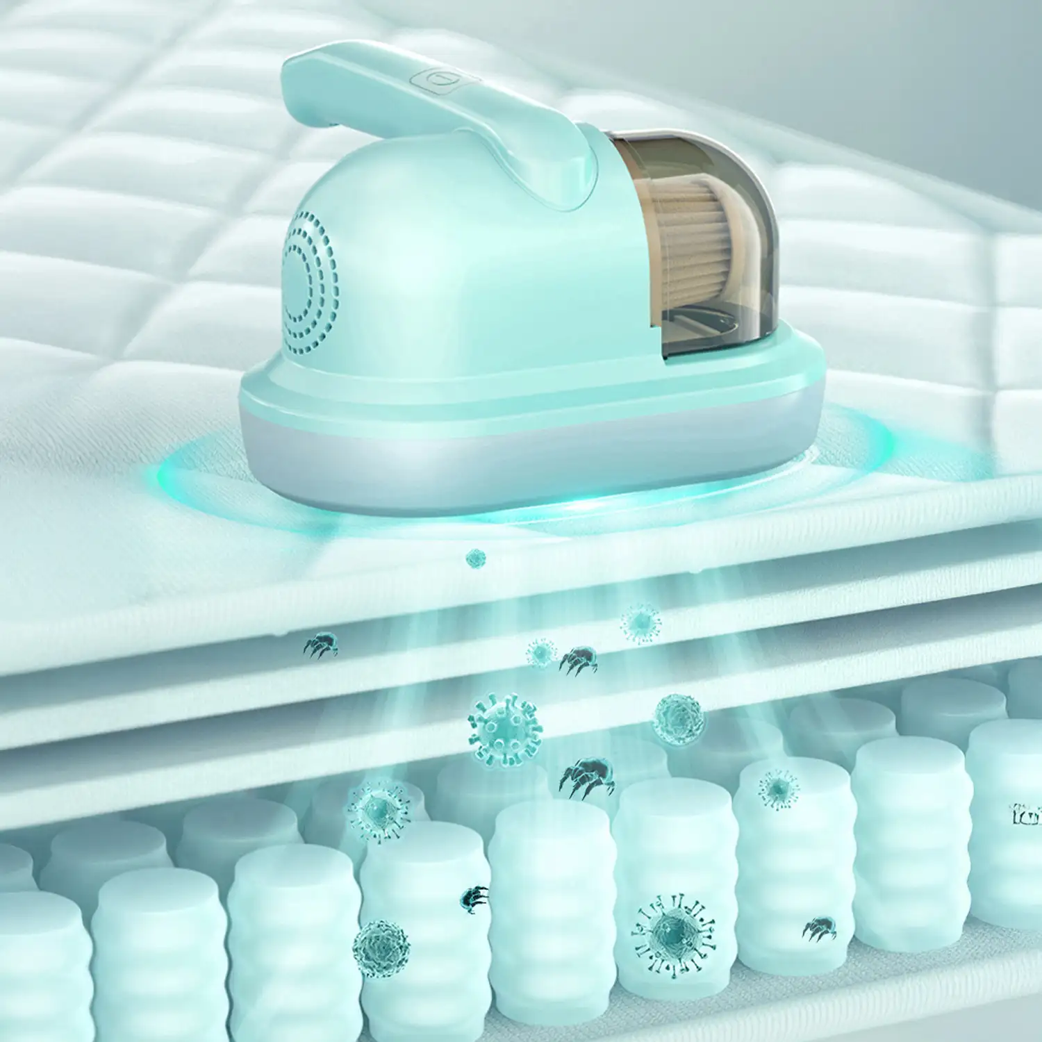 Aspirador de cama UV de mano inalámbrico. Limpia eficazmente su cama y almohadas, succión de 10kps con cuádruple filtro y función de aromaterapia anti olores.