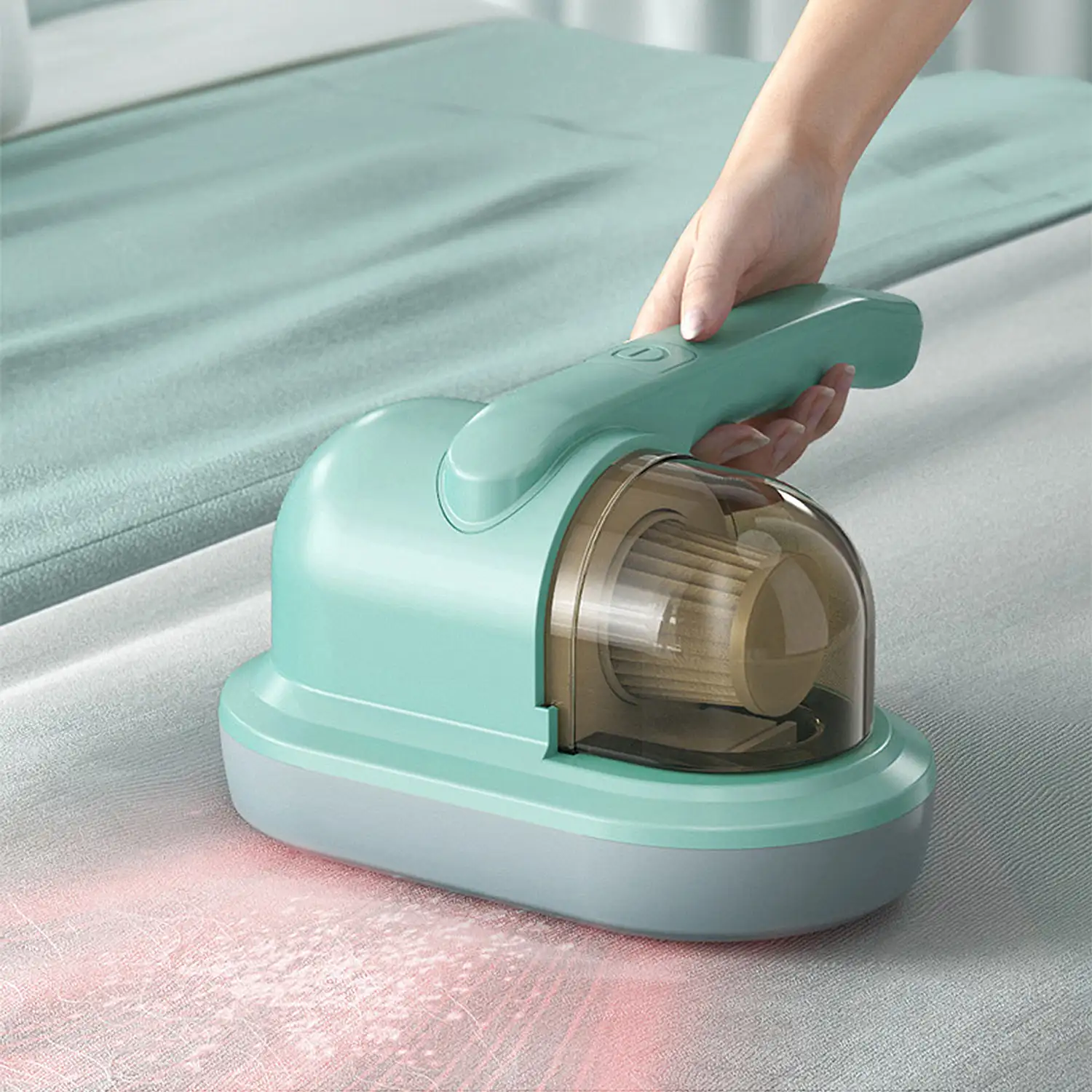 Aspirador de cama UV de mano inalámbrico. Limpia eficazmente su cama y almohadas, succión de 10kps con cuádruple filtro y función de aromaterapia anti olores.