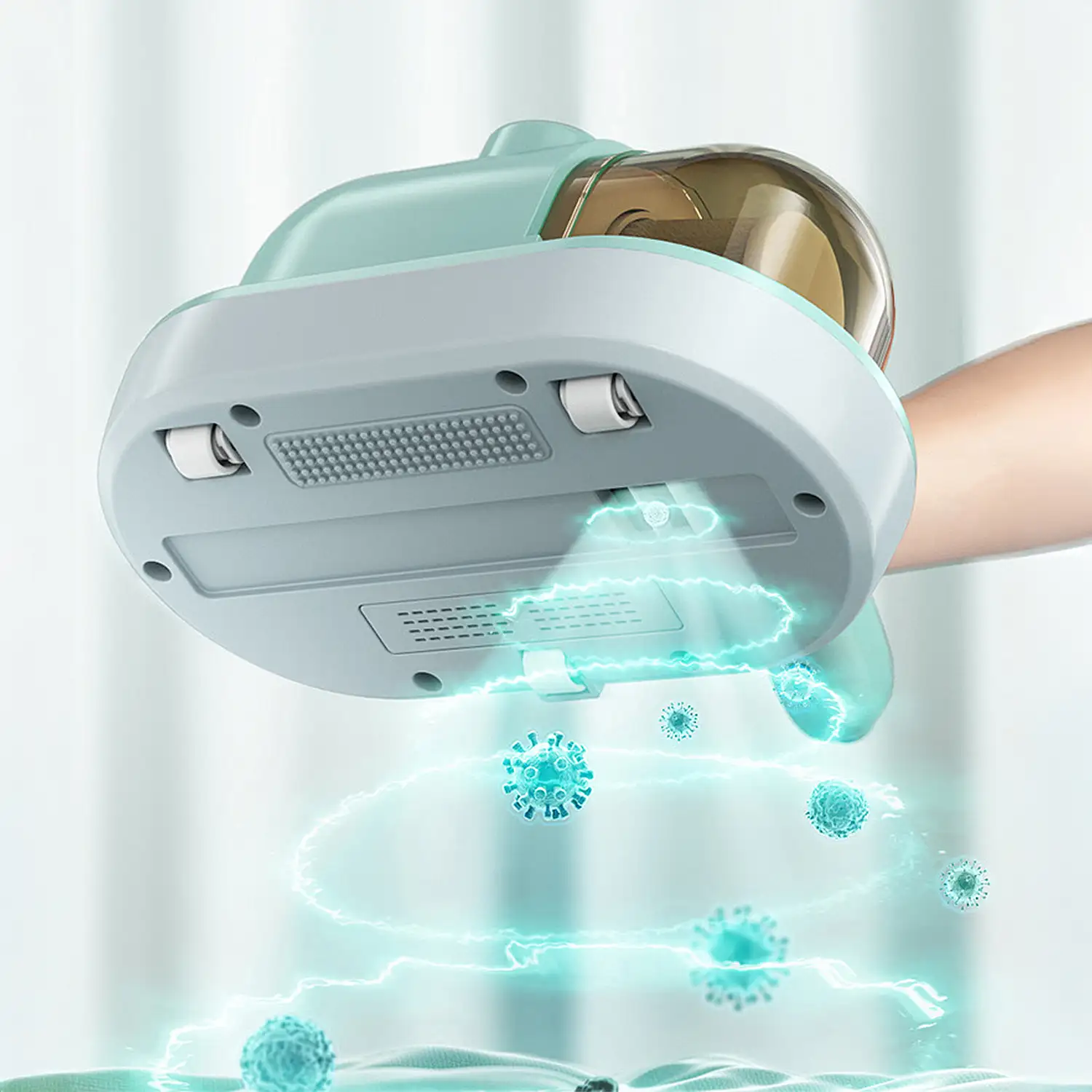 Aspirador de cama UV de mano inalámbrico. Limpia eficazmente su cama y almohadas, succión de 10kps con cuádruple filtro y función de aromaterapia anti olores.