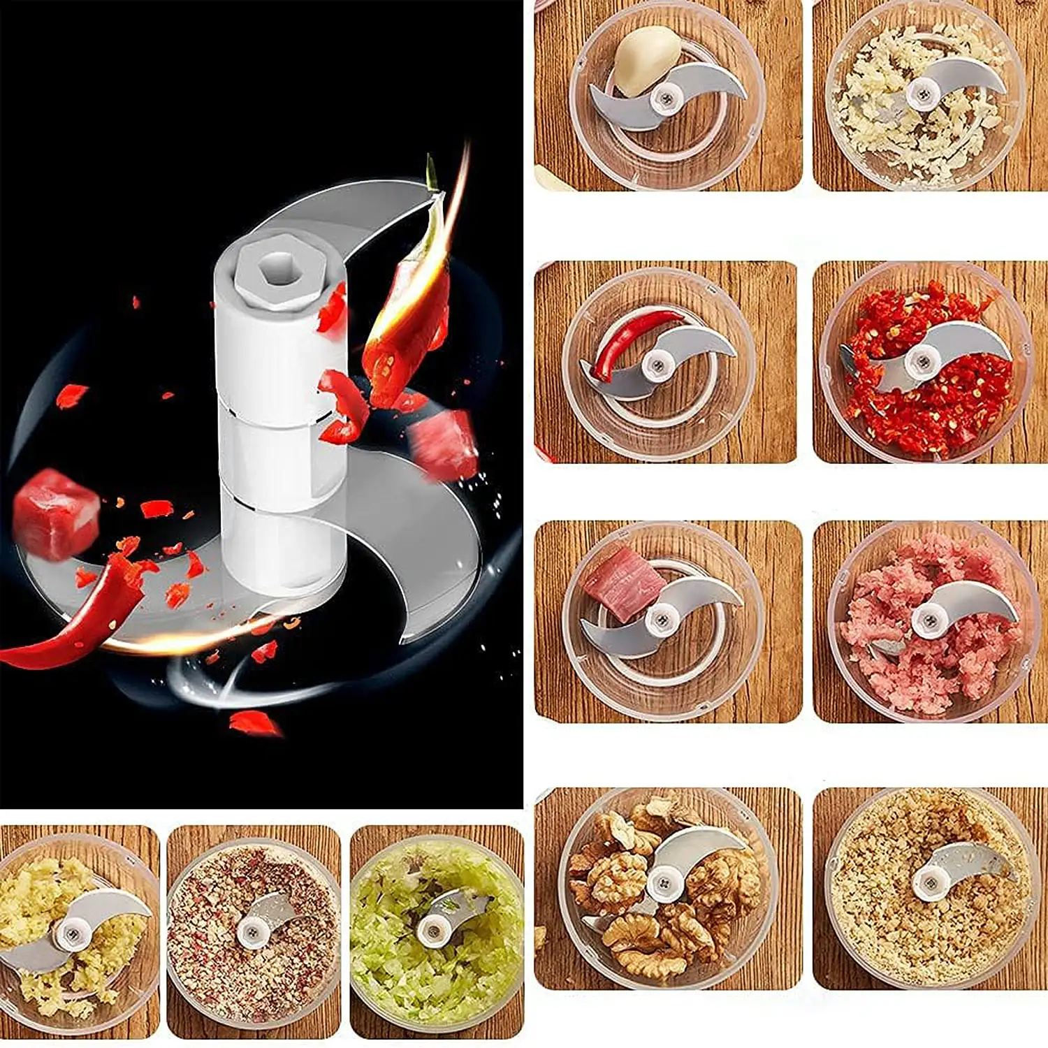 Picadora multiusos con cuchillas de acero inoxidable y 250ml de capacidad.